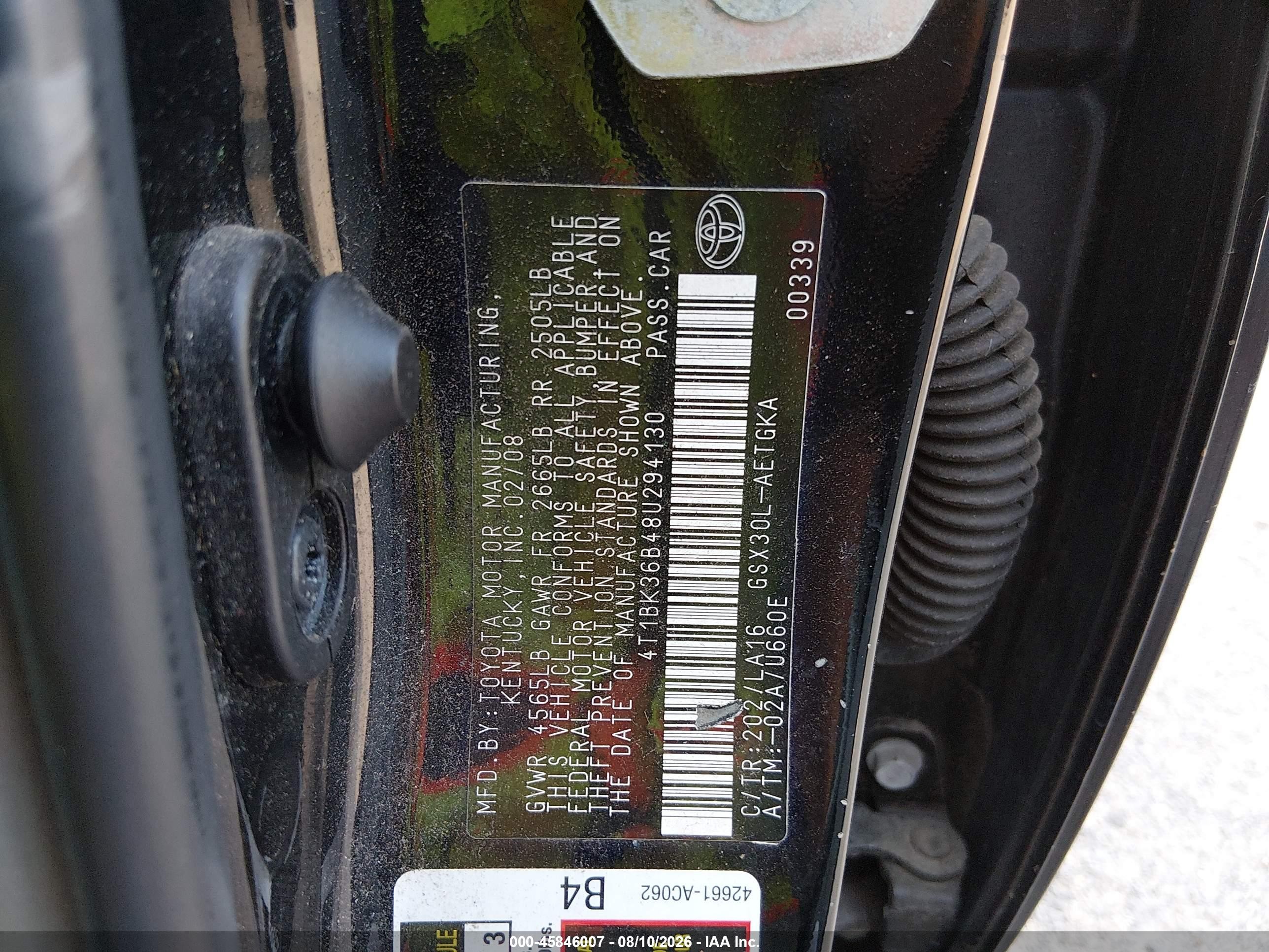 2008 Toyota Avalon Xls Black vin: 4T1BK36B48U294130