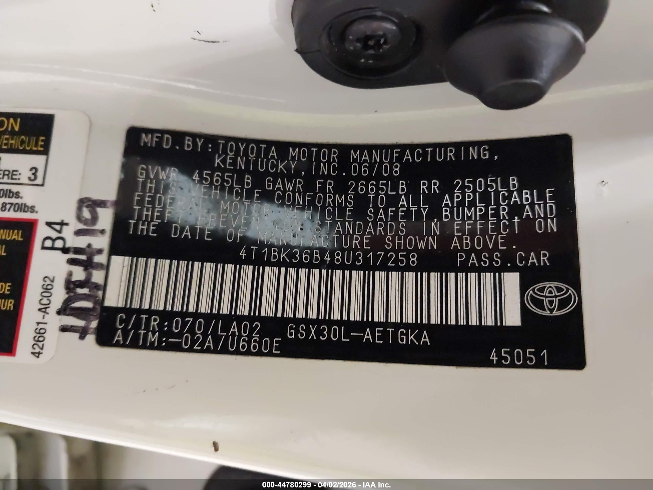 2008 Toyota Avalon Xls White vin: 4T1BK36B48U317258