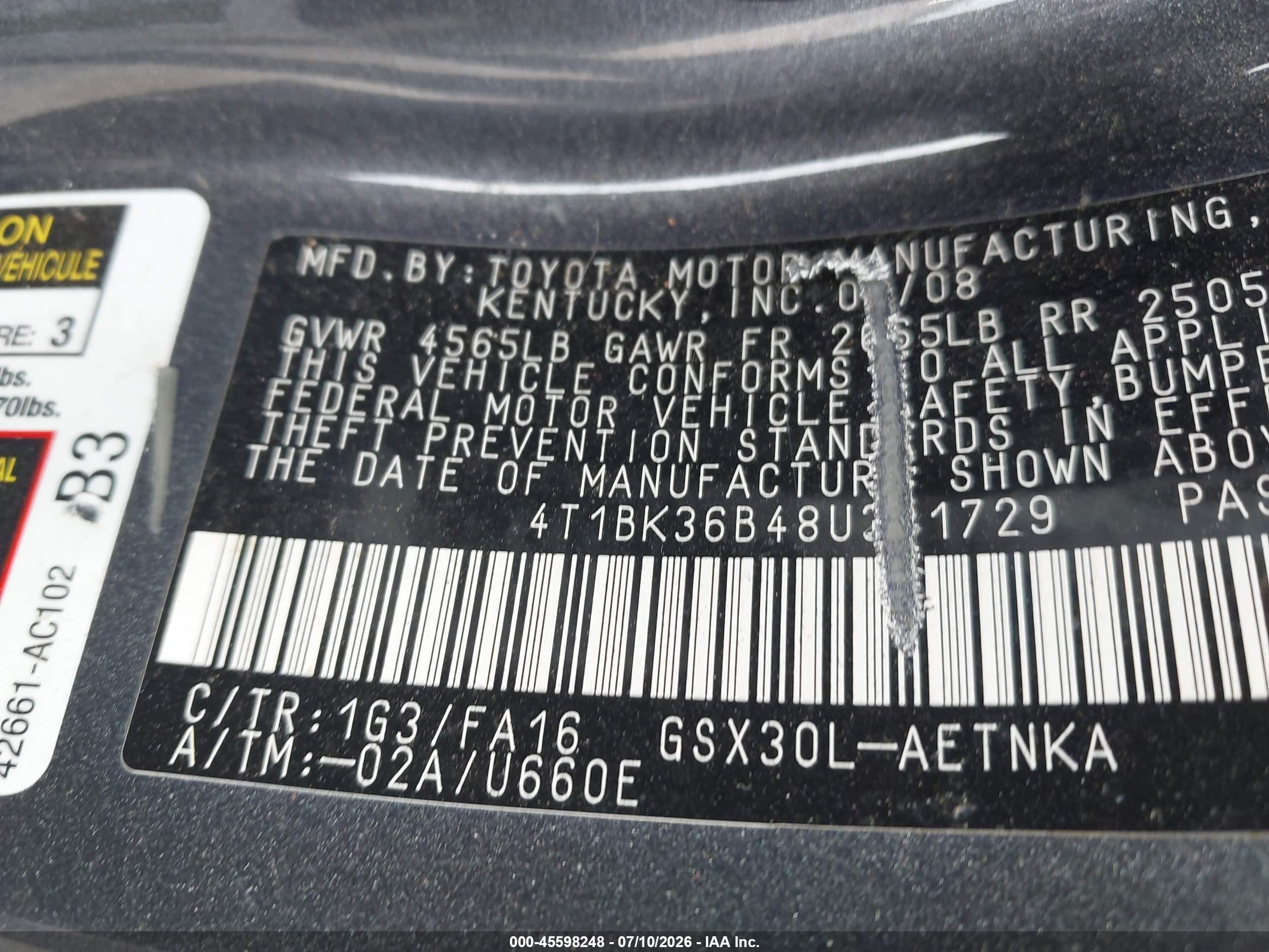 2008 Toyota Avalon Xl Gray vin: 4T1BK36B48U321729