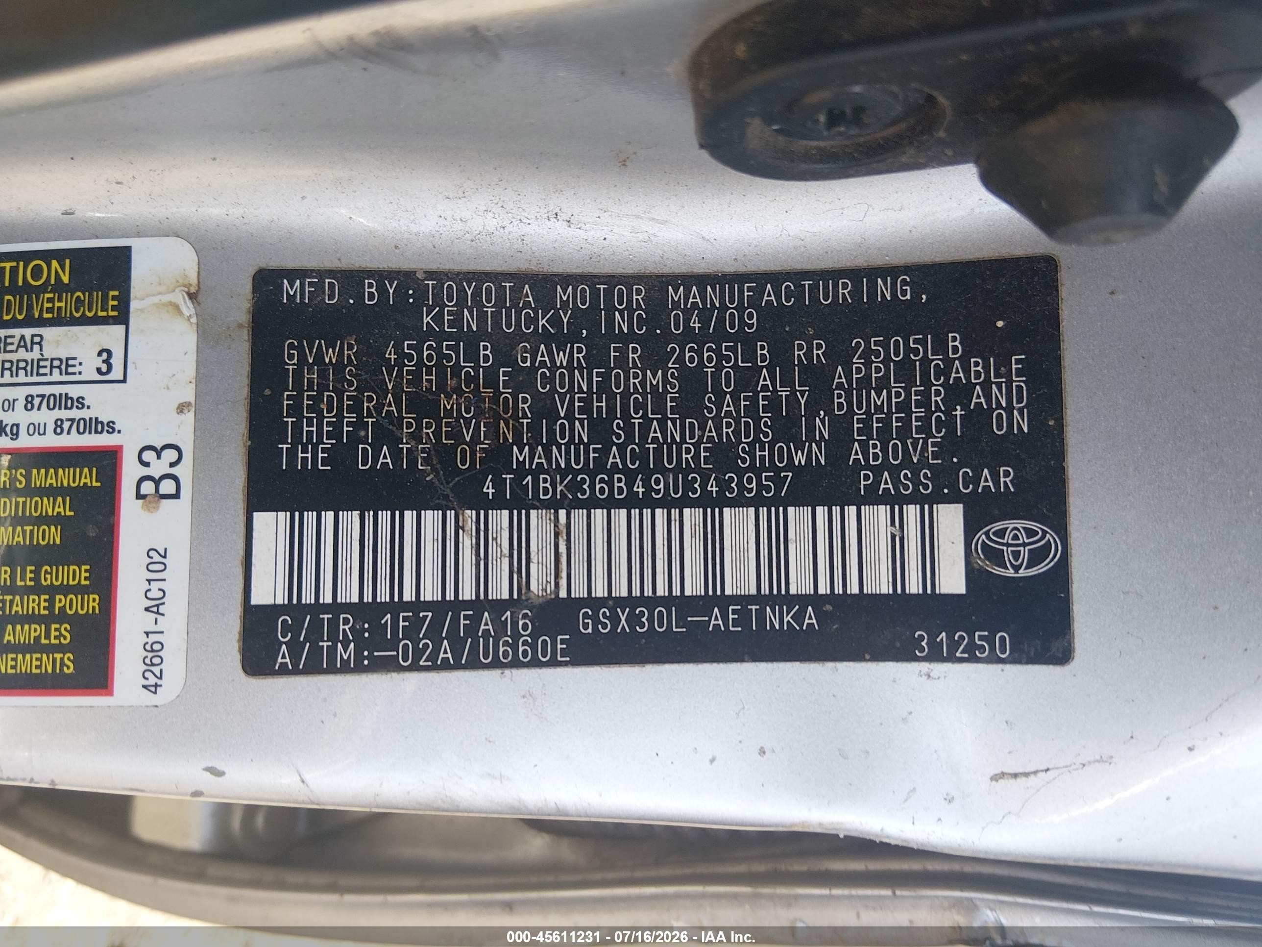 2009 Toyota Avalon Xl Silver vin: 4T1BK36B49U343957