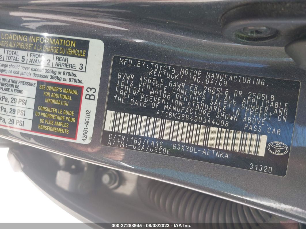 2009 Toyota Avalon Xl Gray vin: 4T1BK36B49U344008