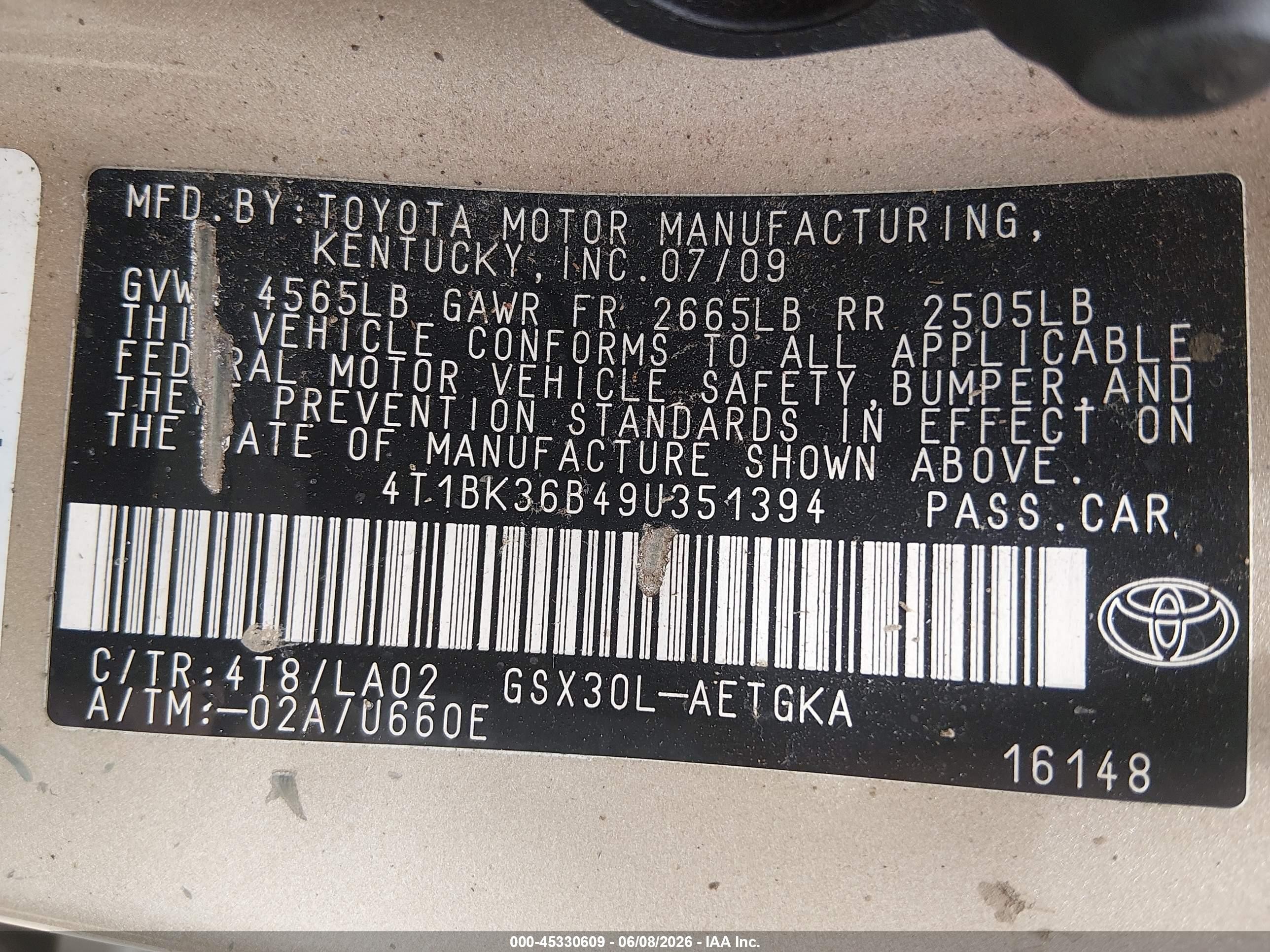 2009 Toyota Avalon Xls Gold vin: 4T1BK36B49U351394