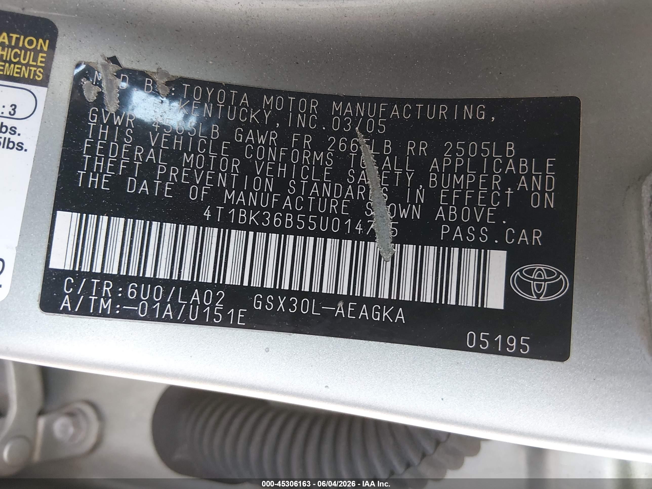 2005 Toyota Avalon Xls Green vin: 4T1BK36B55U014775