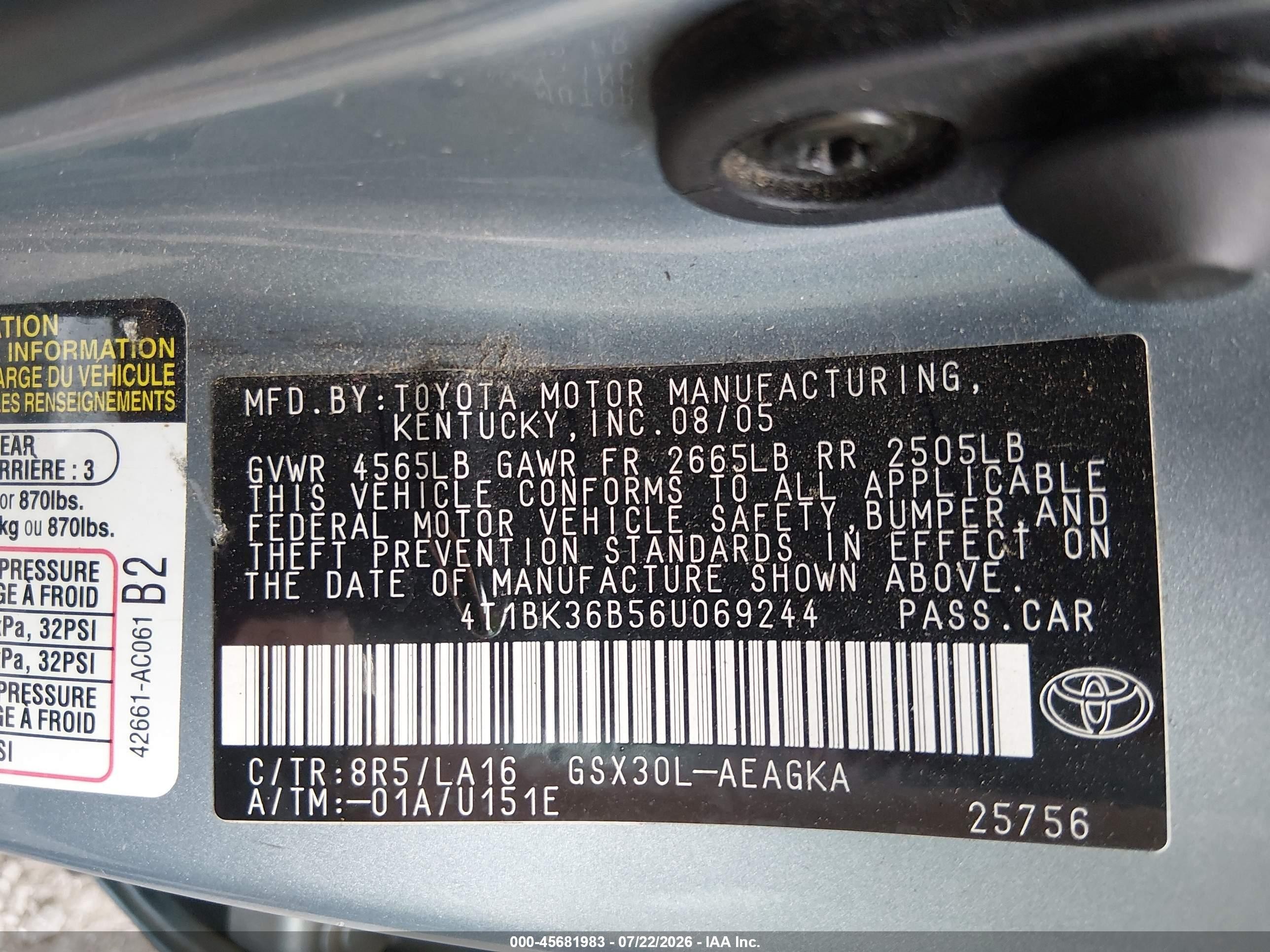 2006 Toyota Avalon Xls Blue vin: 4T1BK36B56U069244