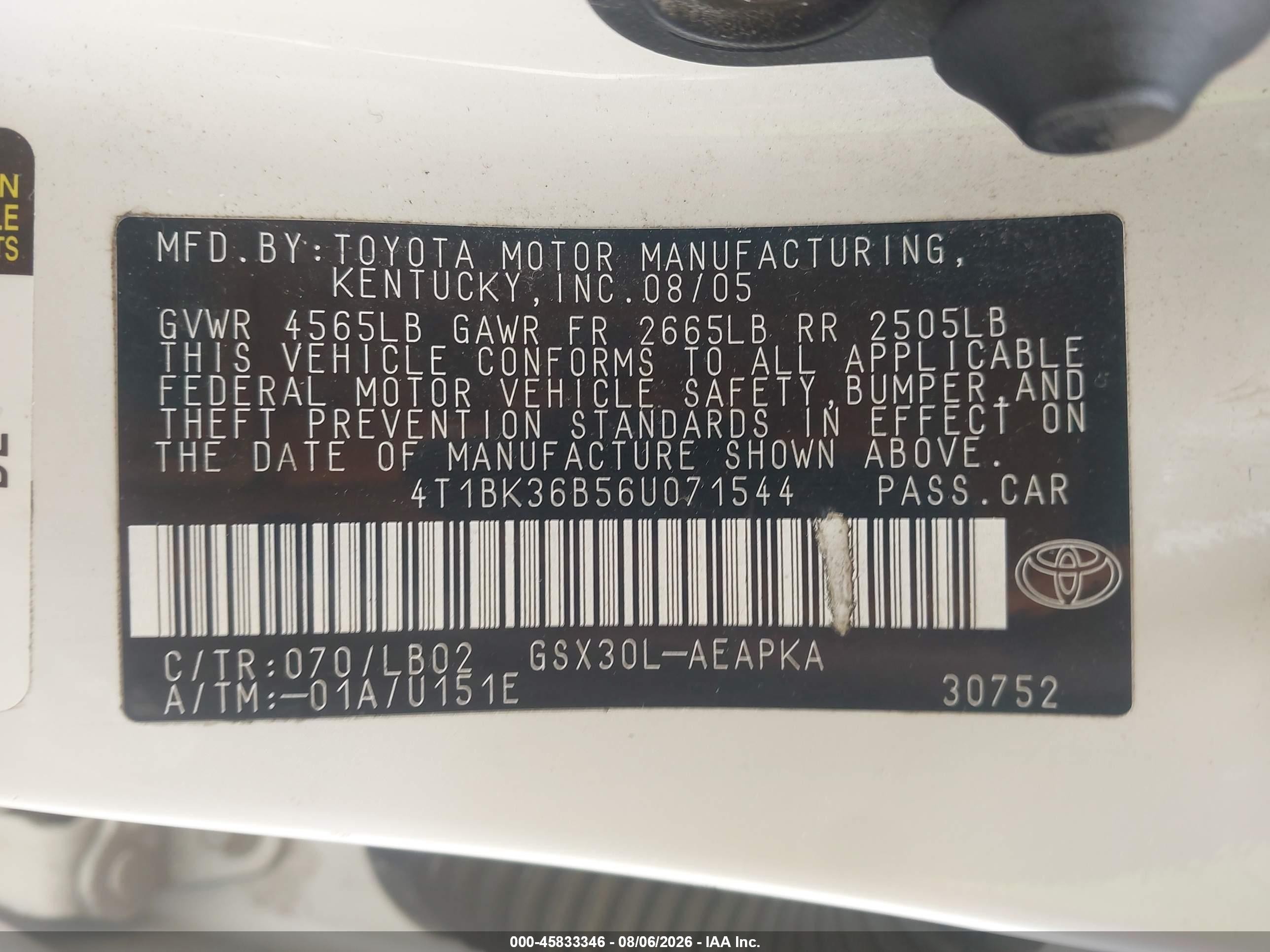 2006 Toyota Avalon Limited White vin: 4T1BK36B56U071544