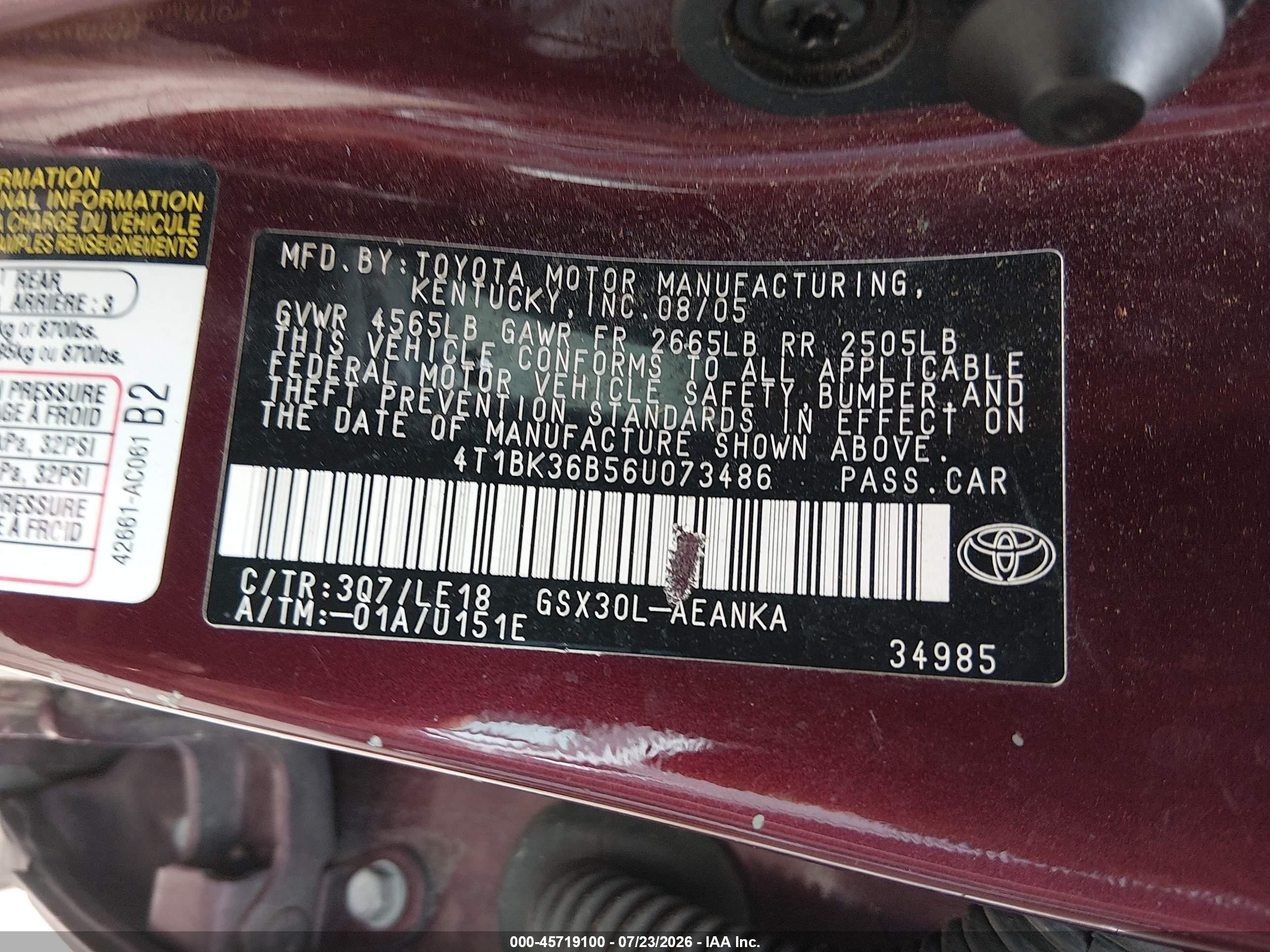 2006 Toyota Avalon Touring Burgundy vin: 4T1BK36B56U073486