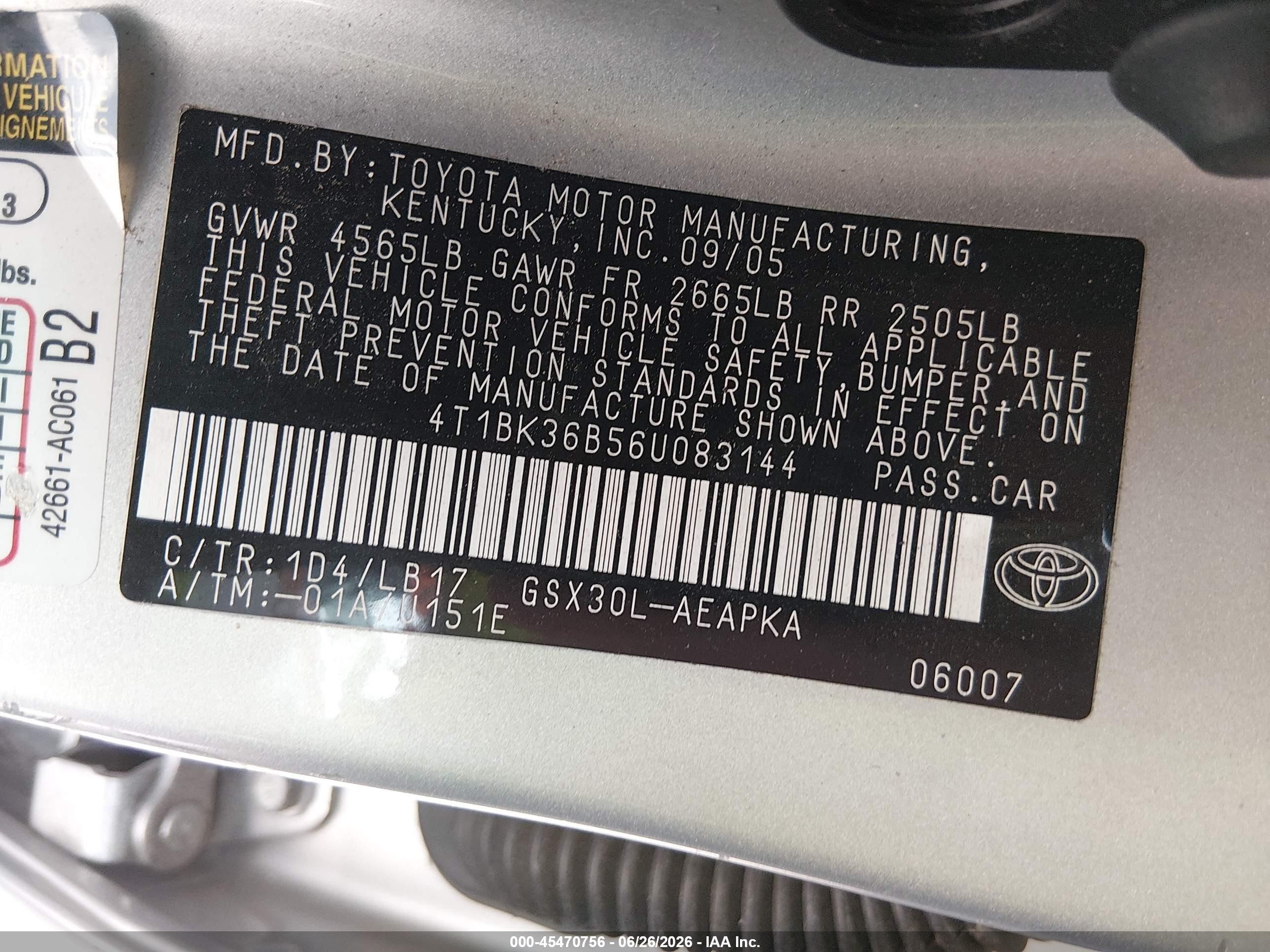 2006 Toyota Avalon Limited Silver vin: 4T1BK36B56U083144