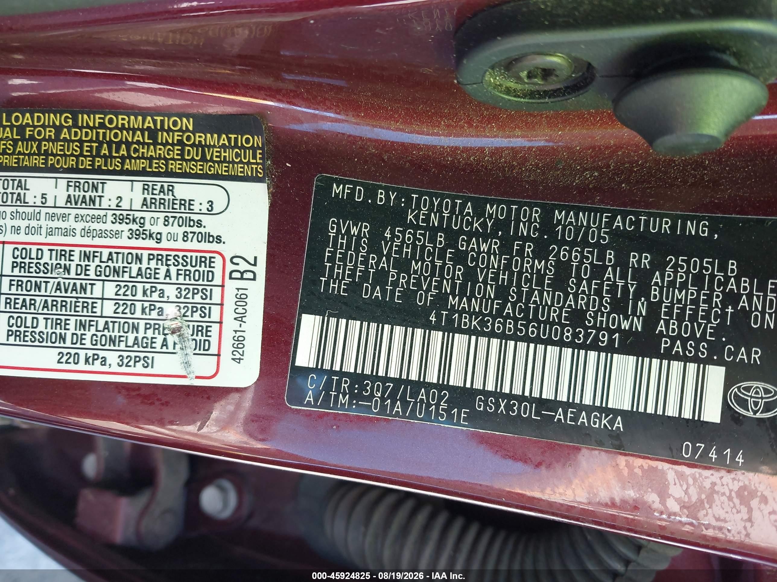 2006 Toyota Avalon Xls Бордовый vin: 4T1BK36B56U083791