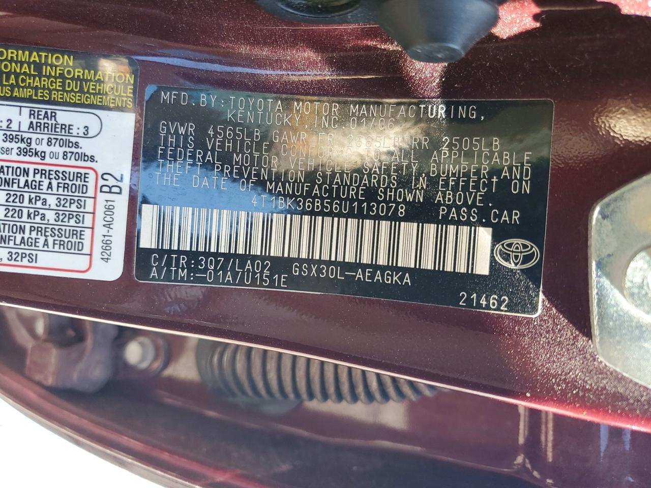 2006 Toyota Avalon Xls Burgundy vin: 4T1BK36B56U113078