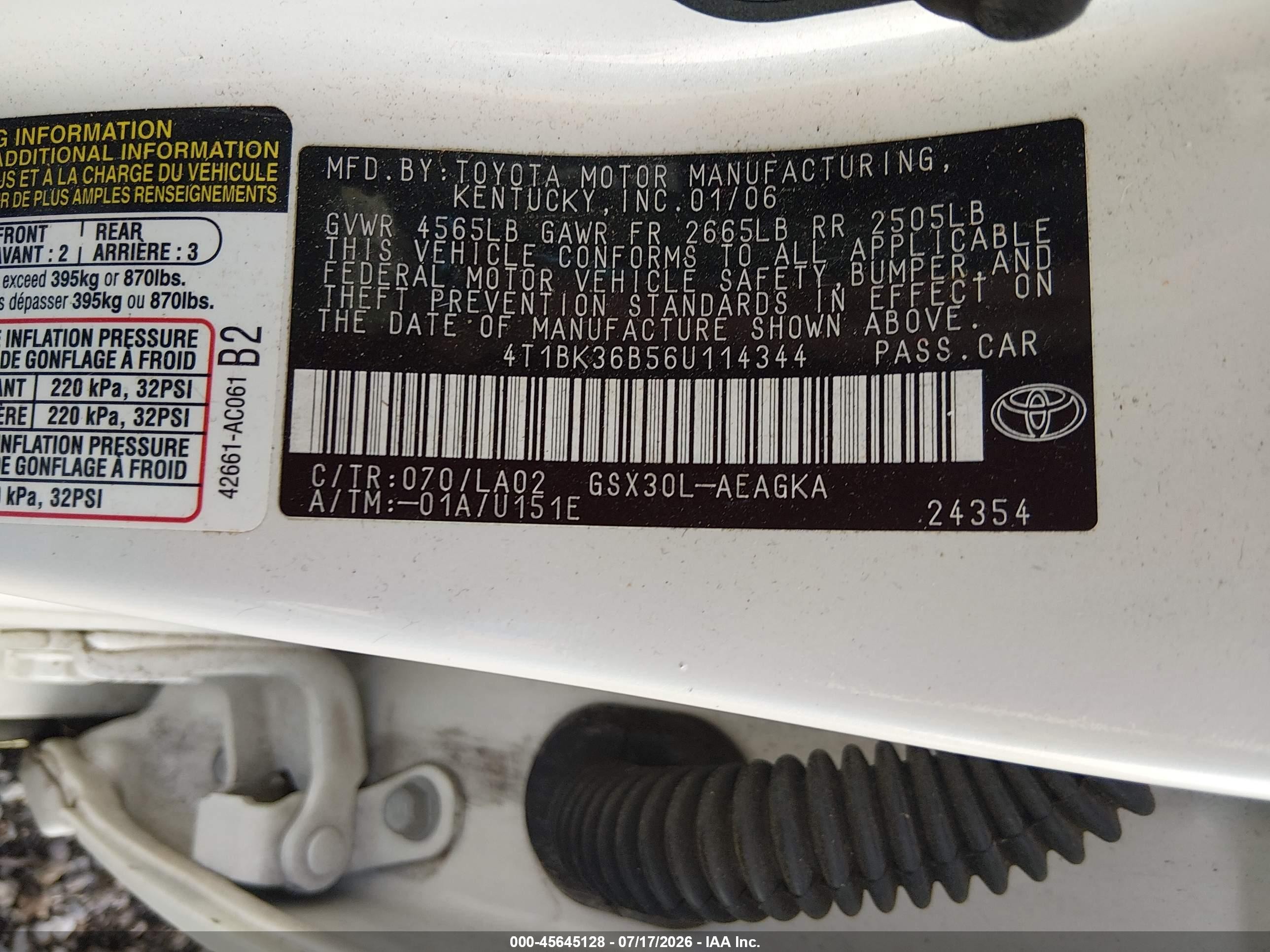 2006 Toyota Avalon Xls White vin: 4T1BK36B56U114344