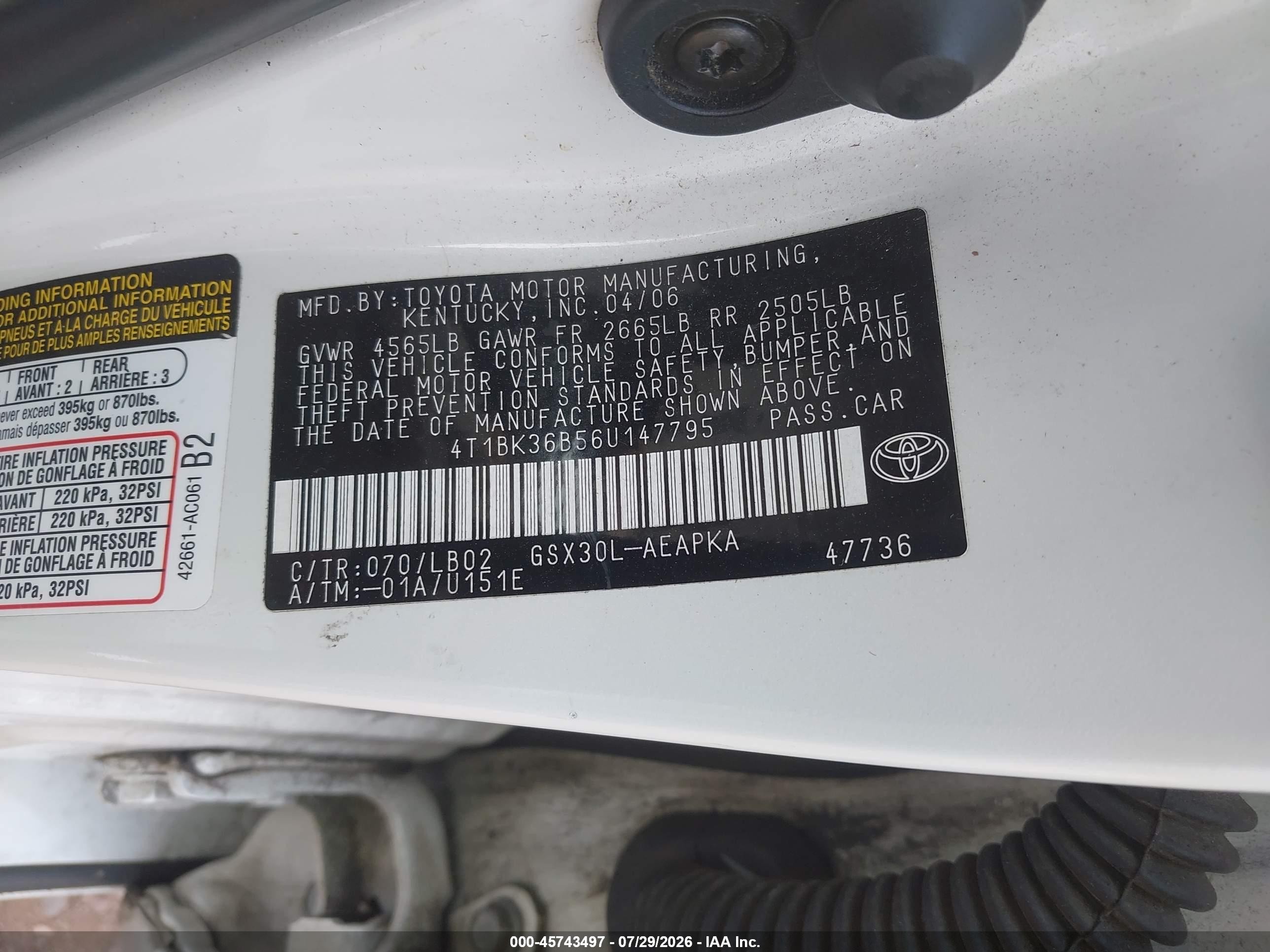 2006 Toyota Avalon Limited White vin: 4T1BK36B56U147795