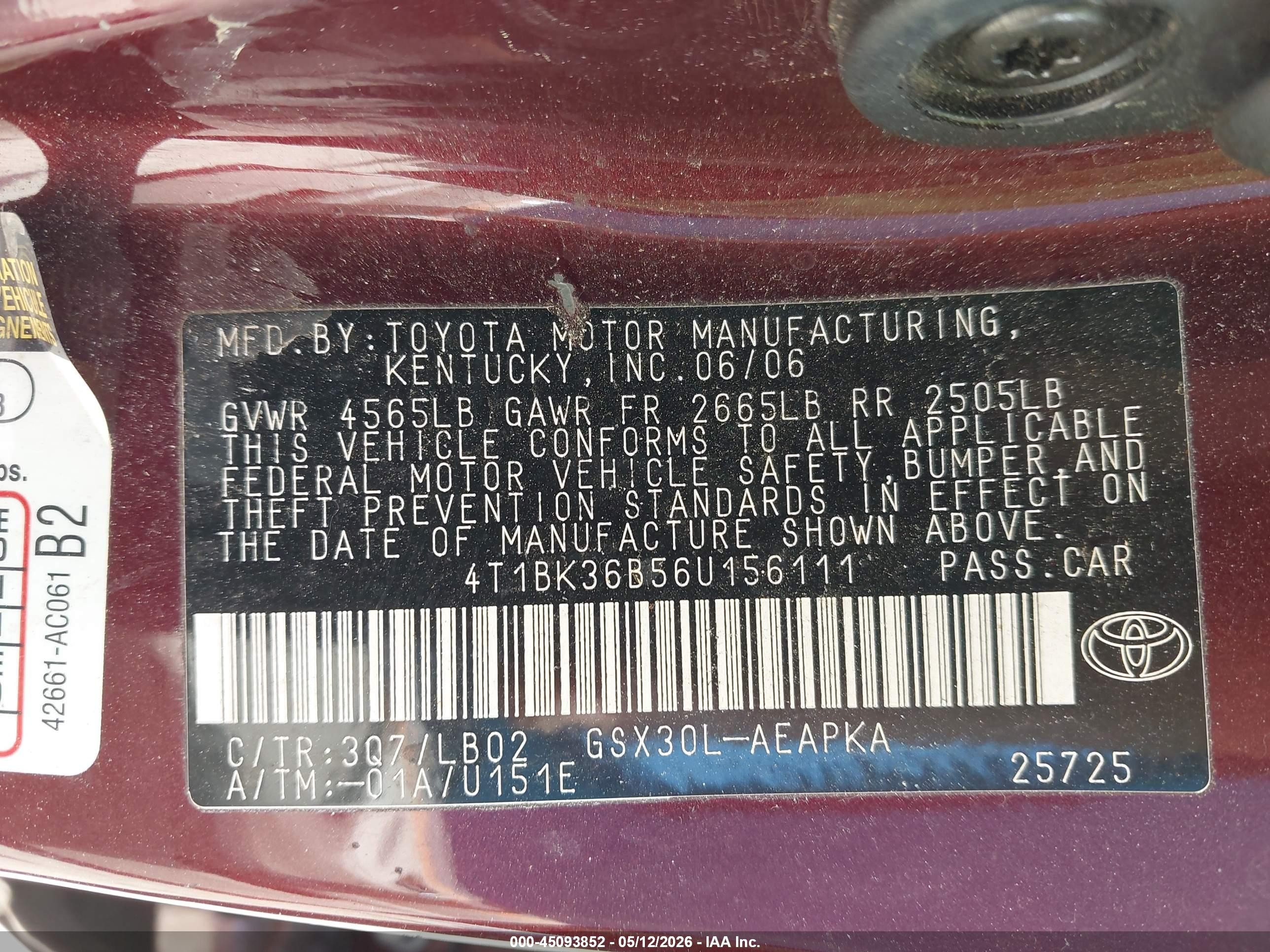 2006 Toyota Avalon Limited Бордовый vin: 4T1BK36B56U156111