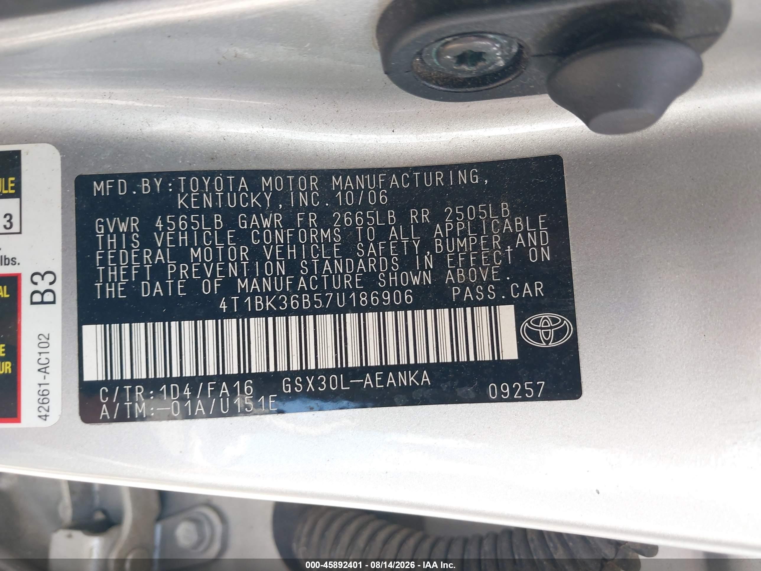 2007 Toyota Avalon Xl Серебряный vin: 4T1BK36B57U186906