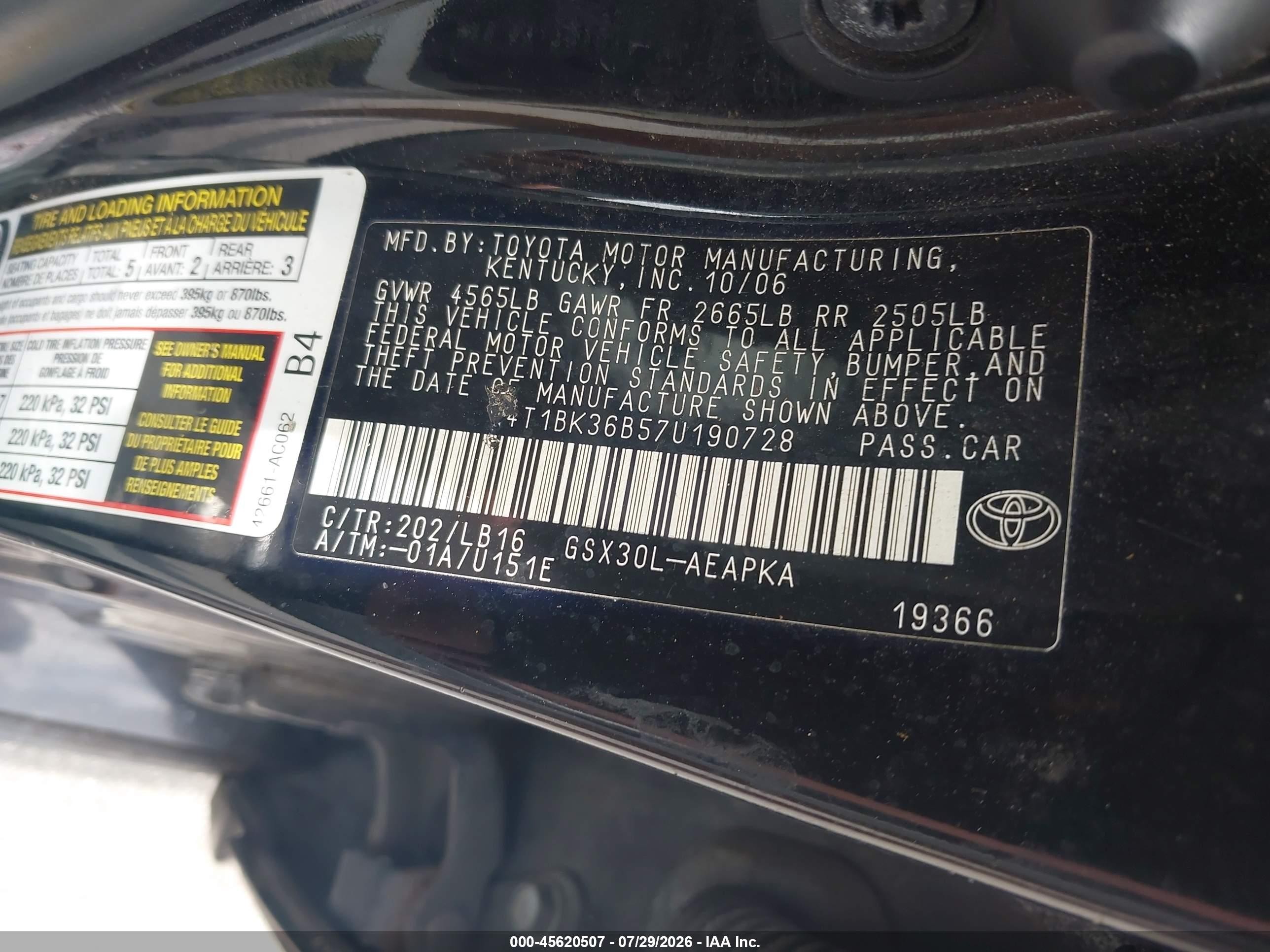 2007 Toyota Avalon Limited Black vin: 4T1BK36B57U190728