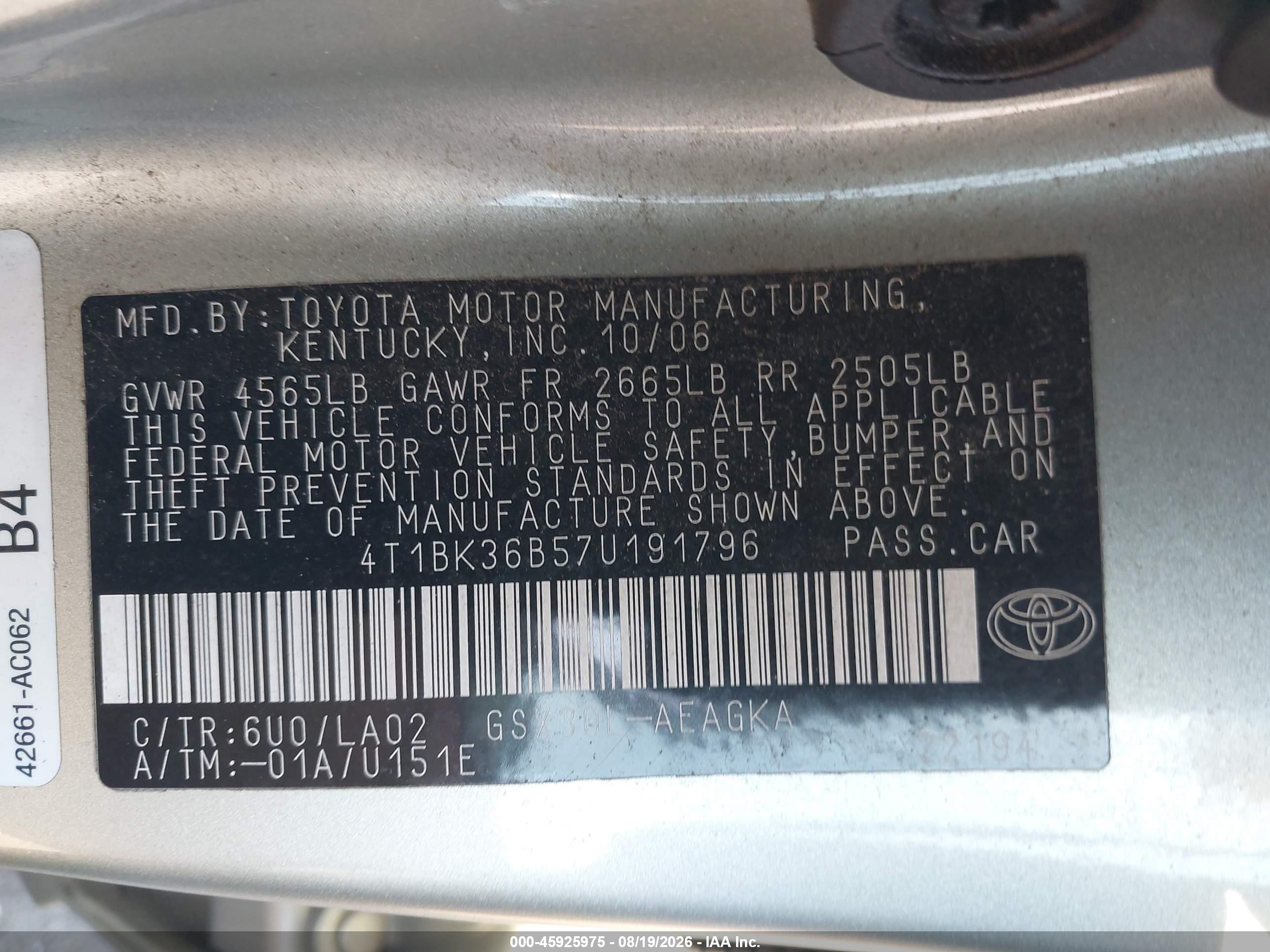 2007 Toyota Avalon Xls Green vin: 4T1BK36B57U191796