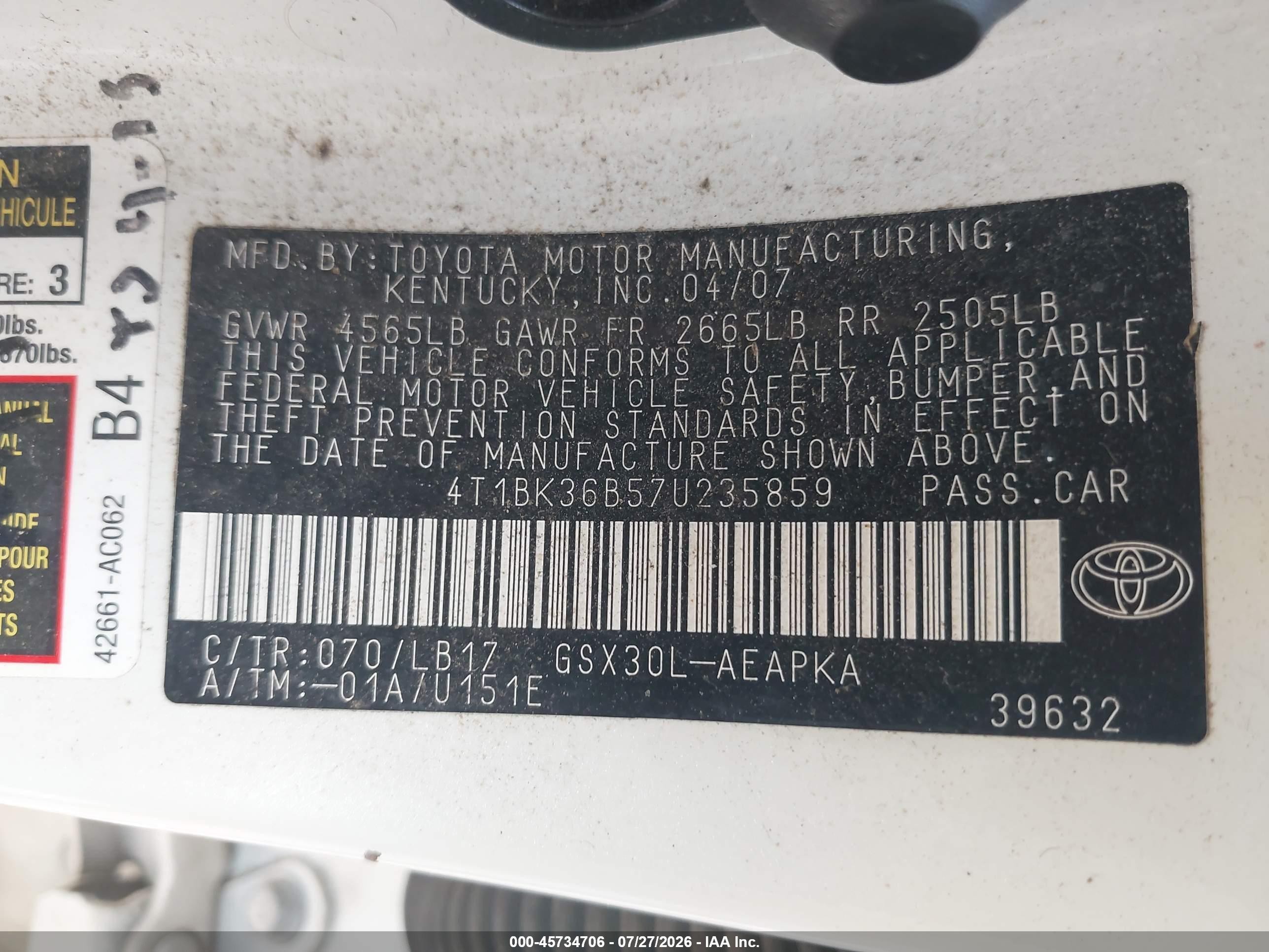 2007 Toyota Avalon Limited Белый vin: 4T1BK36B57U235859