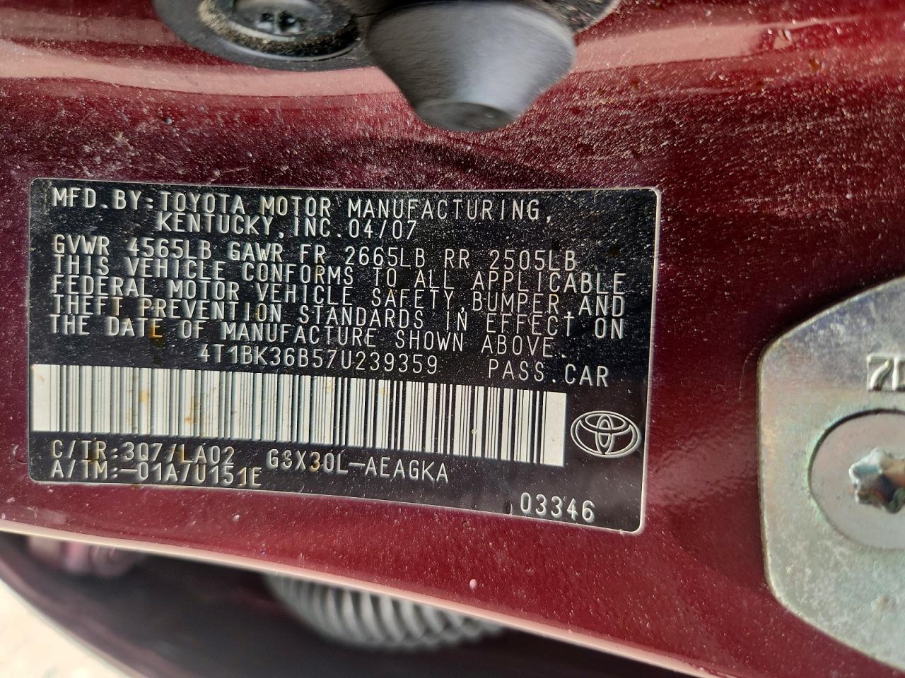 2007 Toyota Avalon Xls Maroon vin: 4T1BK36B57U239359