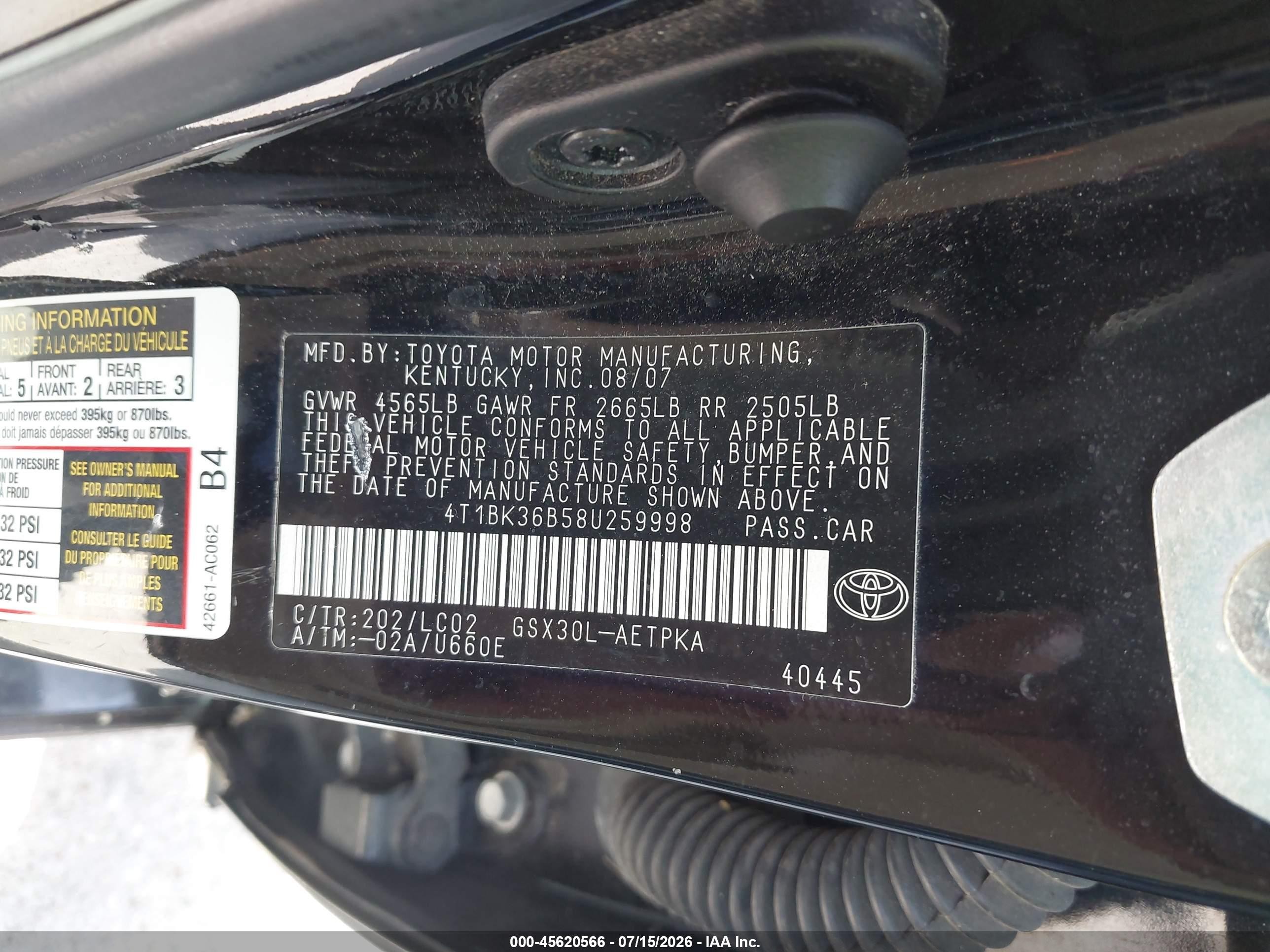 2008 Toyota Avalon Limited Black vin: 4T1BK36B58U259998