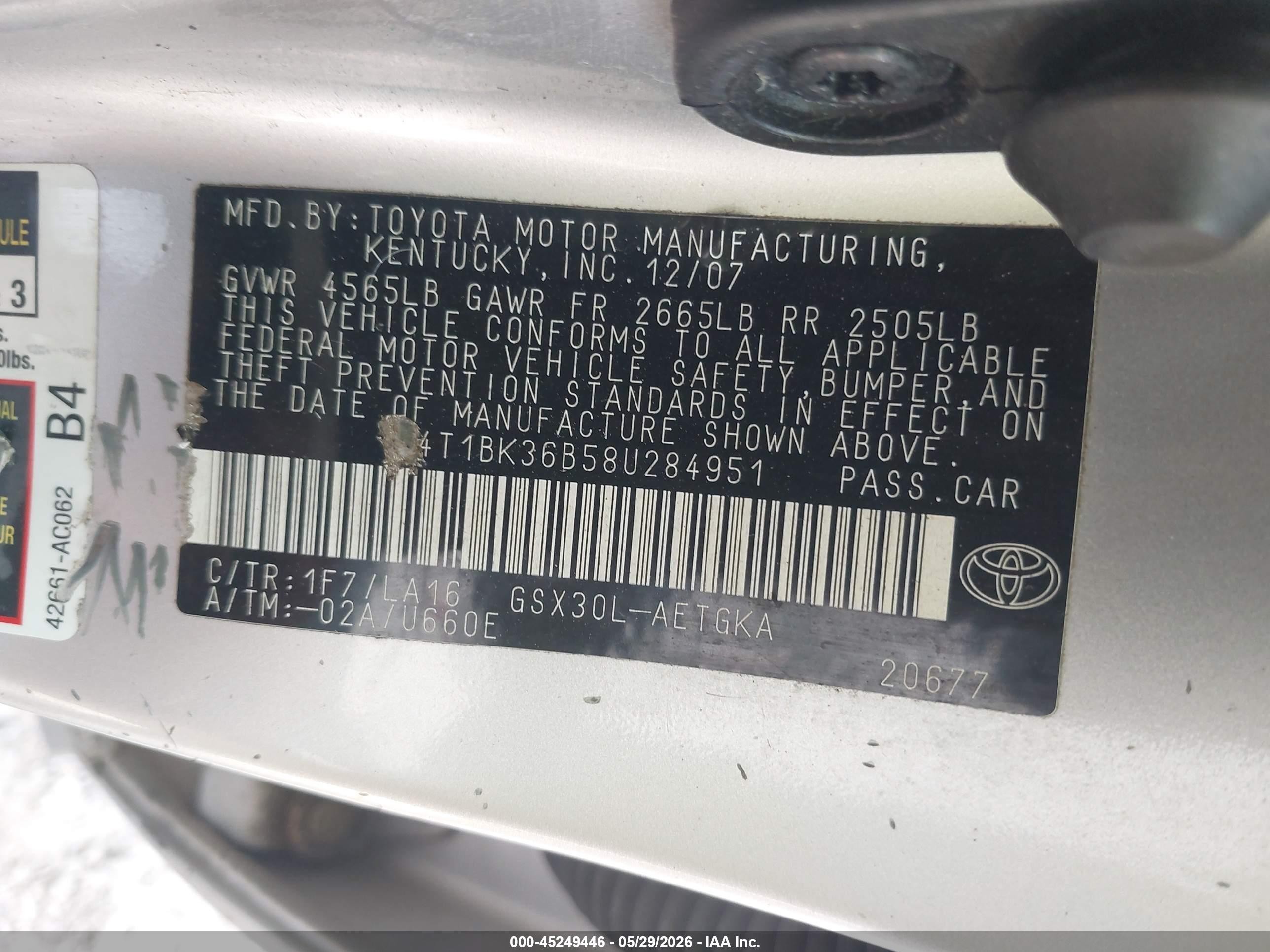 2008 Toyota Avalon Xls Серебряный vin: 4T1BK36B58U284951