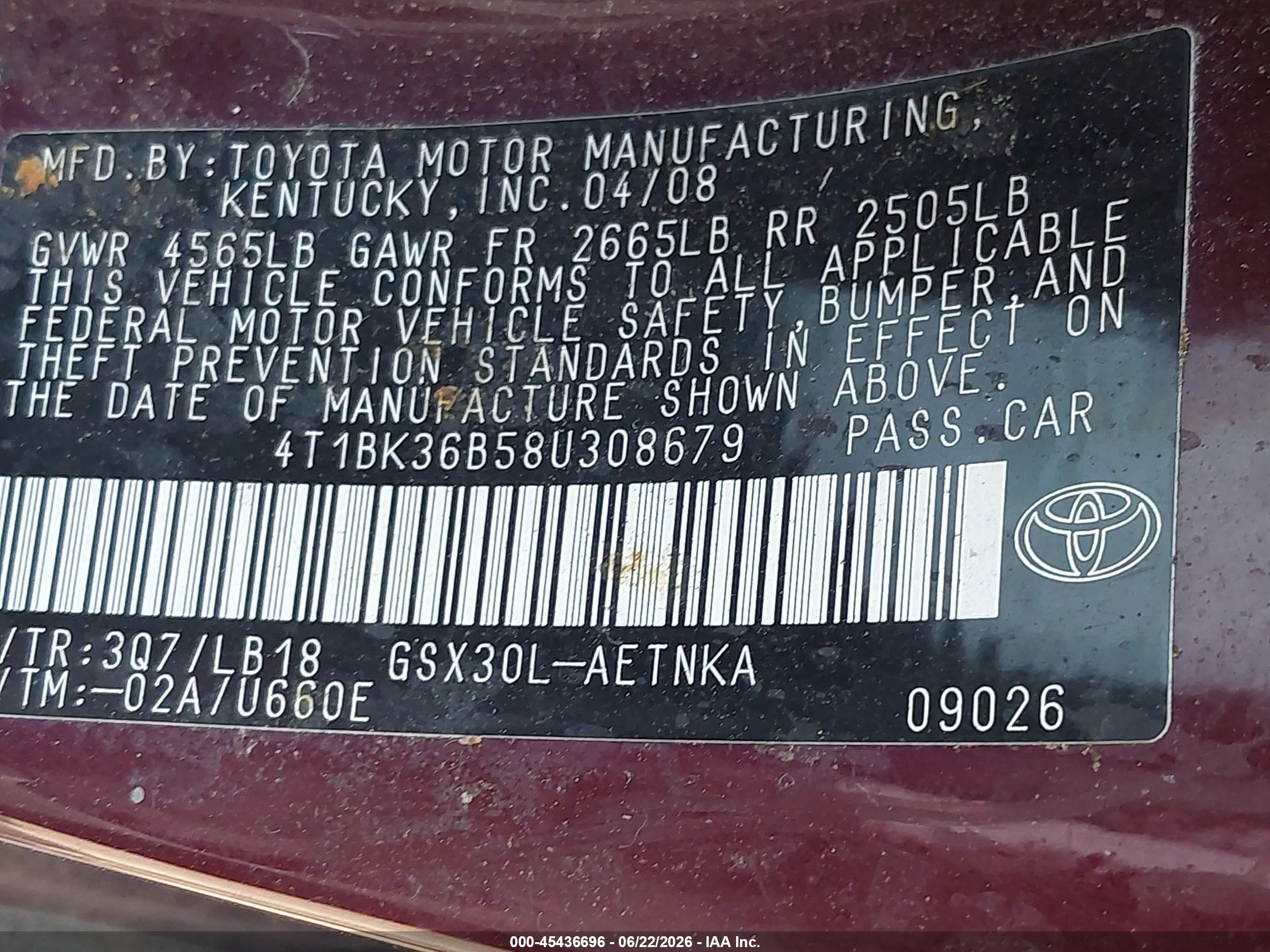 2008 Toyota Avalon Touring Burgundy vin: 4T1BK36B58U308679
