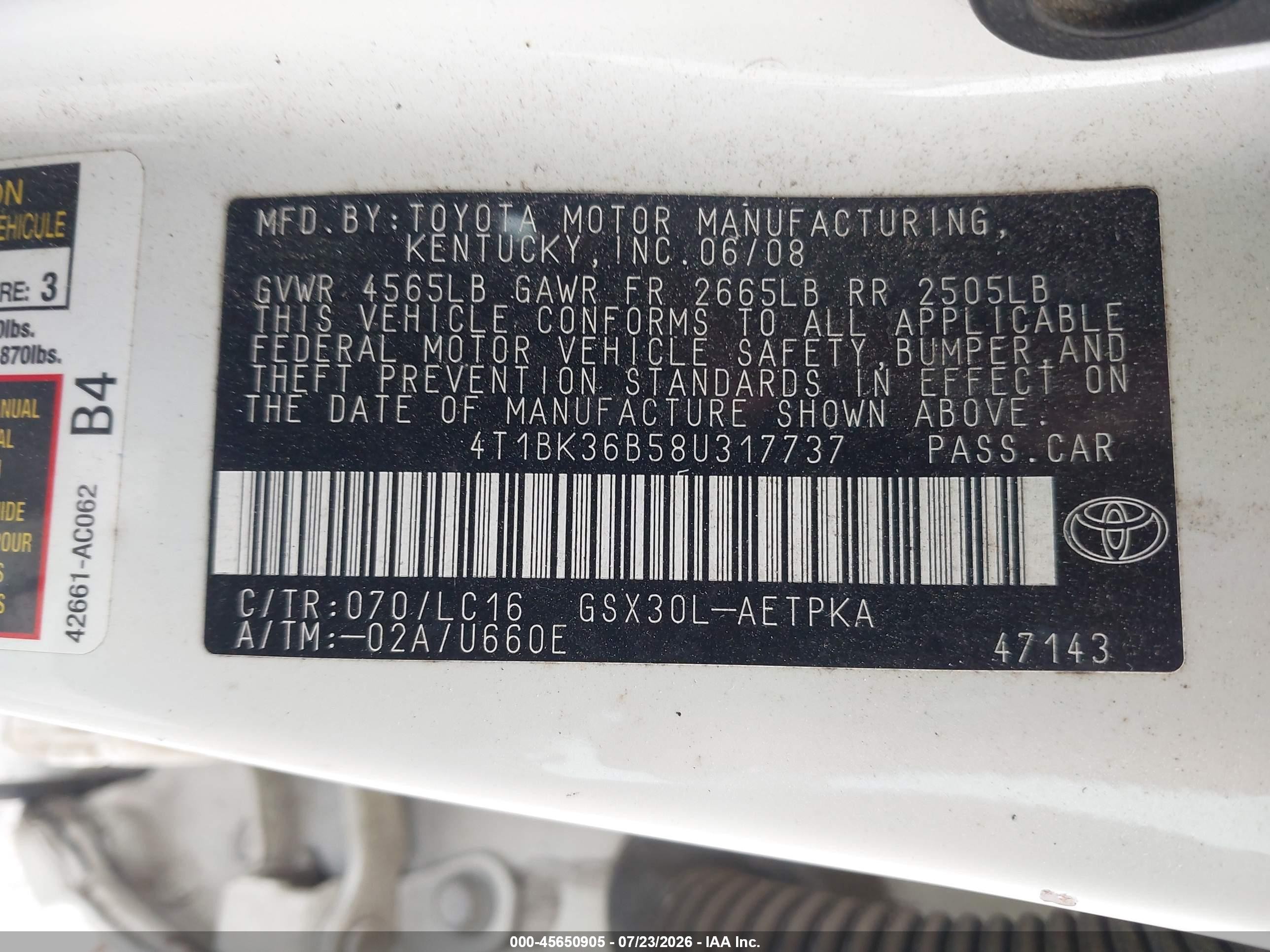 2008 Toyota Avalon Limited White vin: 4T1BK36B58U317737