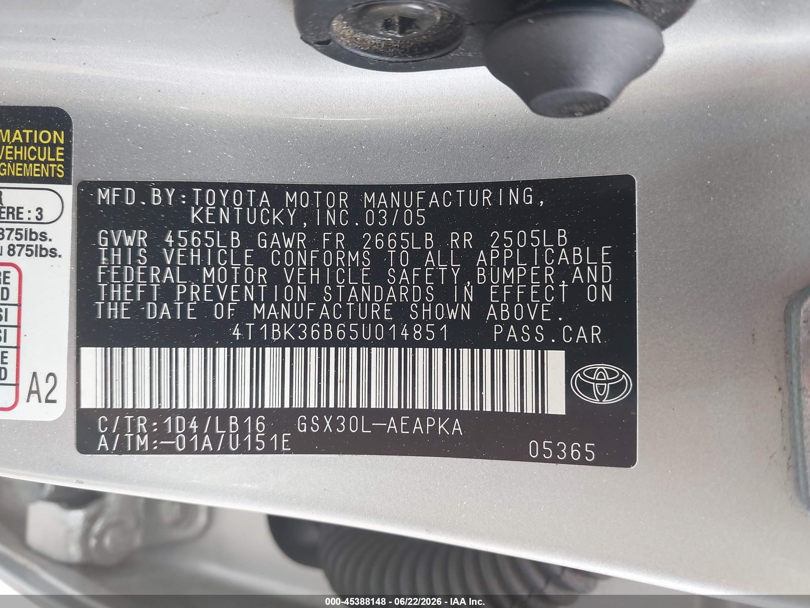 2005 Toyota Avalon Limited Silver vin: 4T1BK36B65U014851