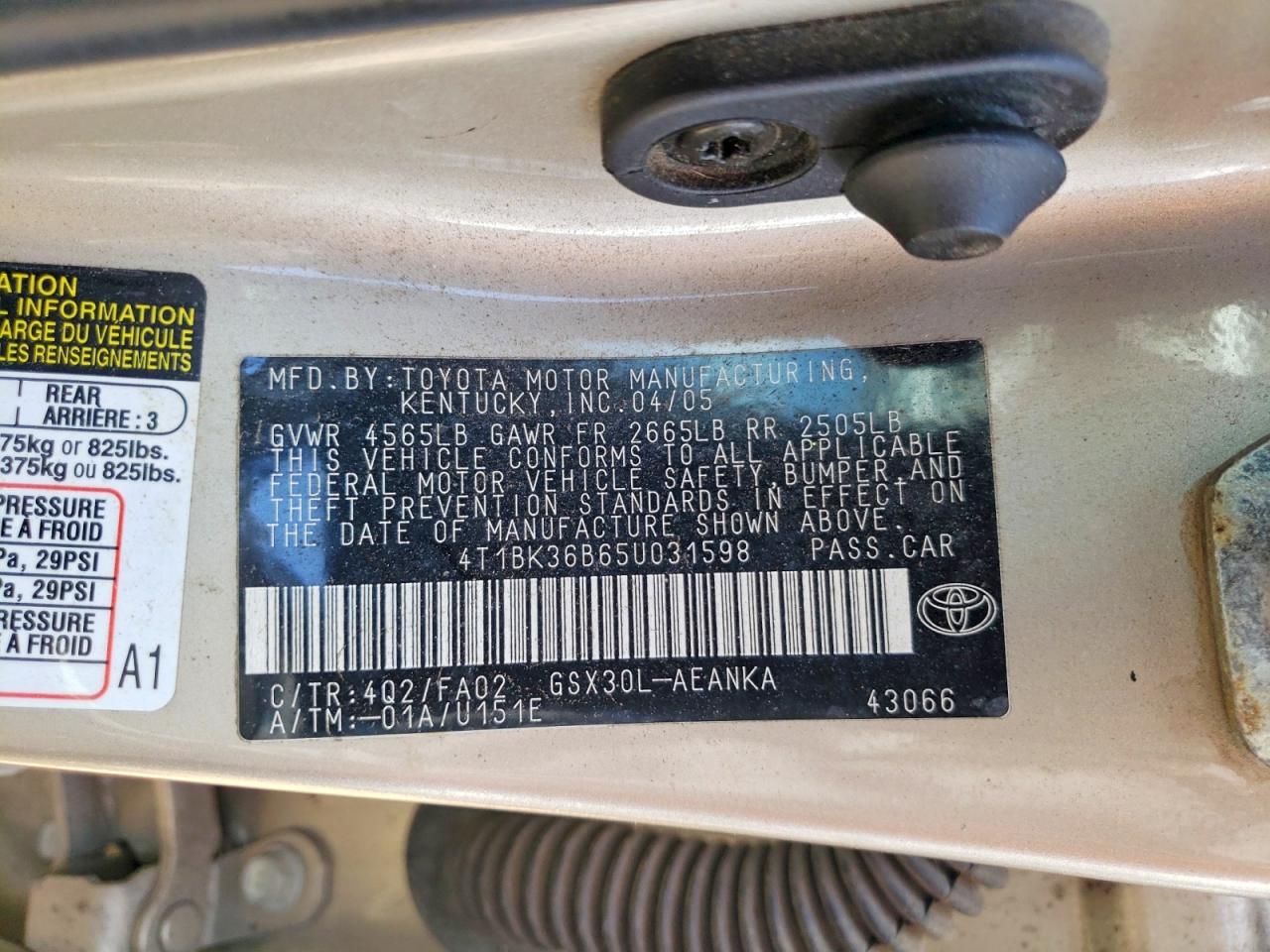 2005 Toyota Avalon Xl Gold vin: 4T1BK36B65U031598