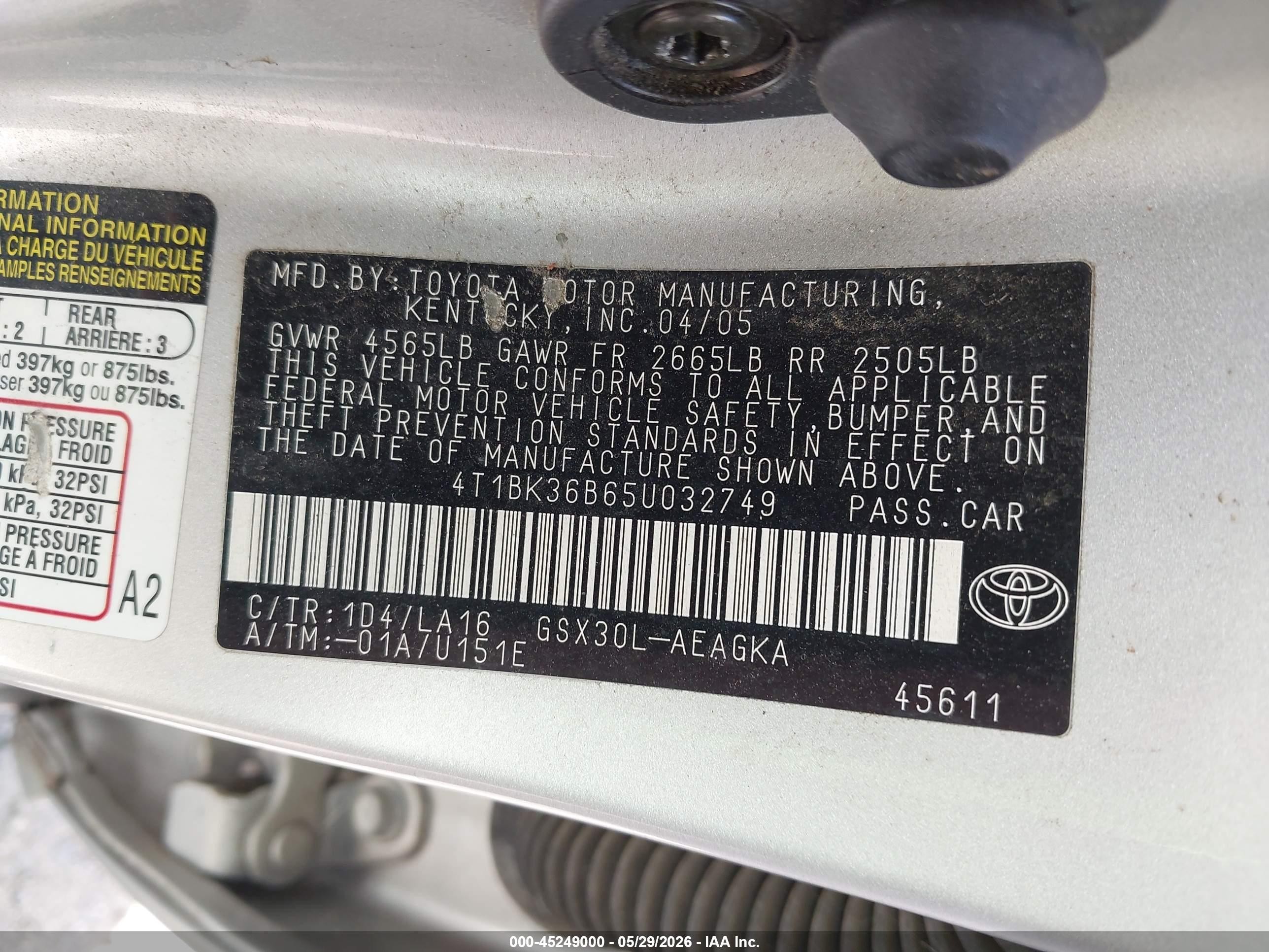 2005 Toyota Avalon Xls Silver vin: 4T1BK36B65U032749