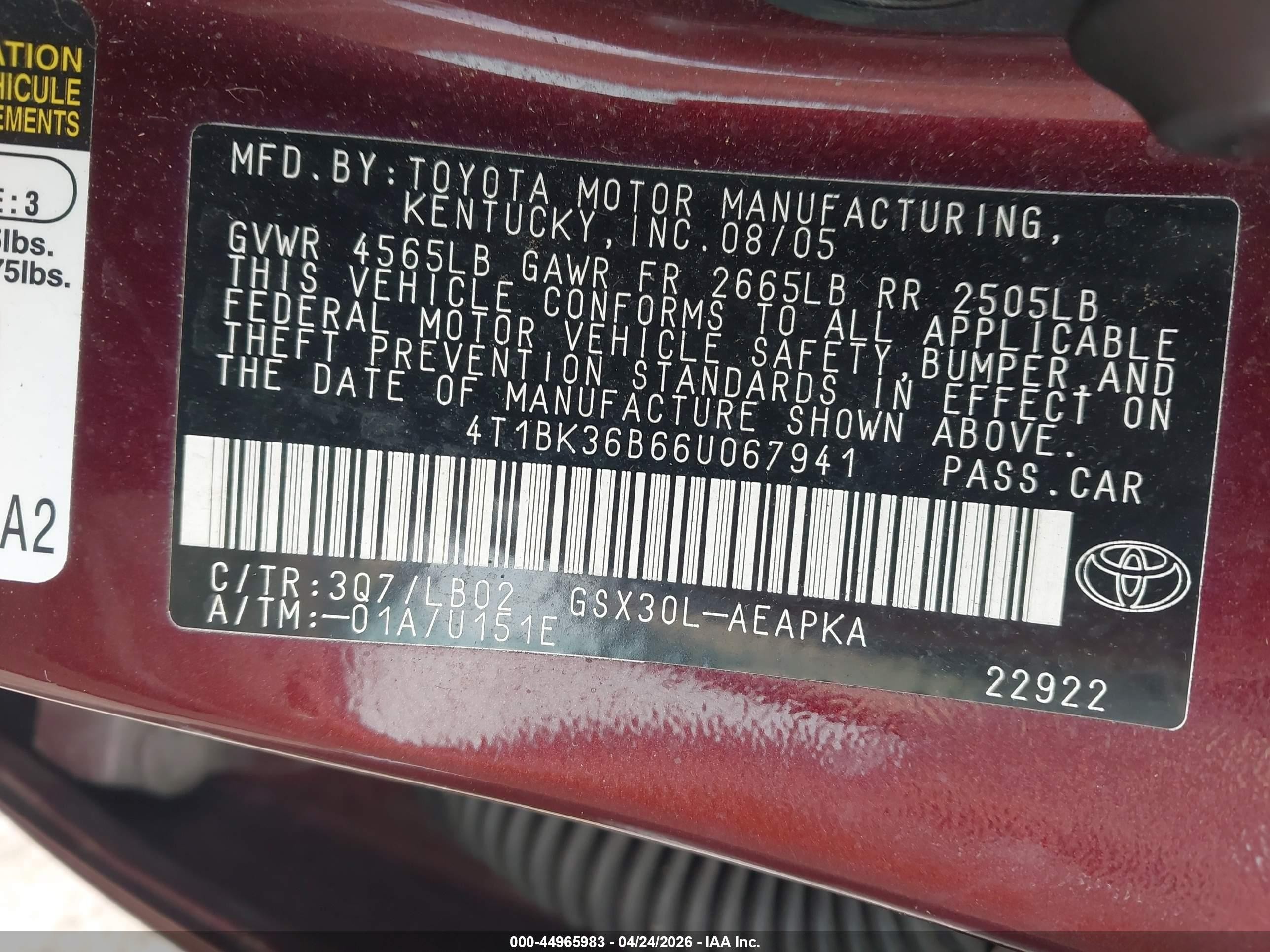 2006 Toyota Avalon Limited Maroon vin: 4T1BK36B66U067941