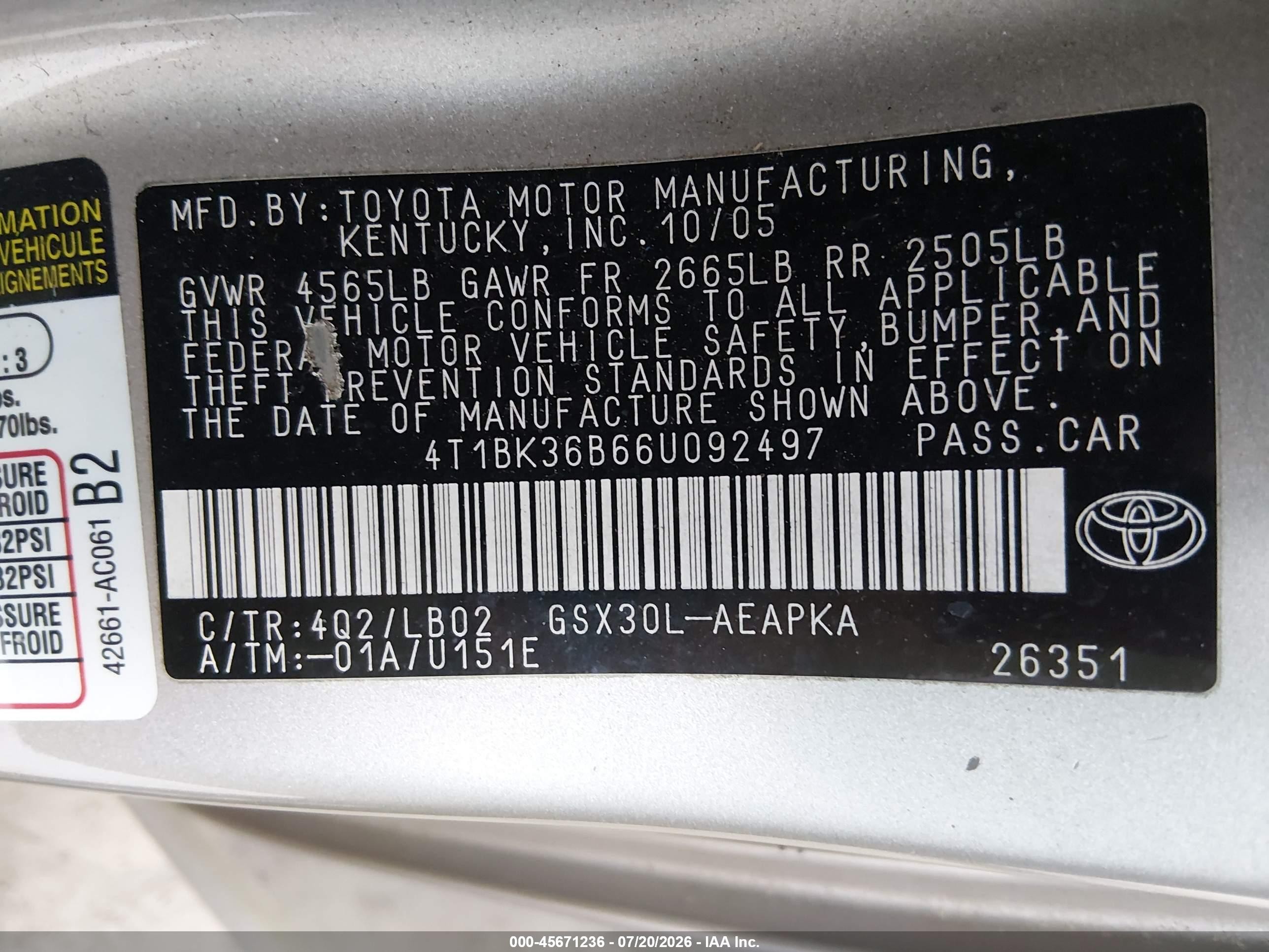 2006 Toyota Avalon Limited Gold vin: 4T1BK36B66U092497