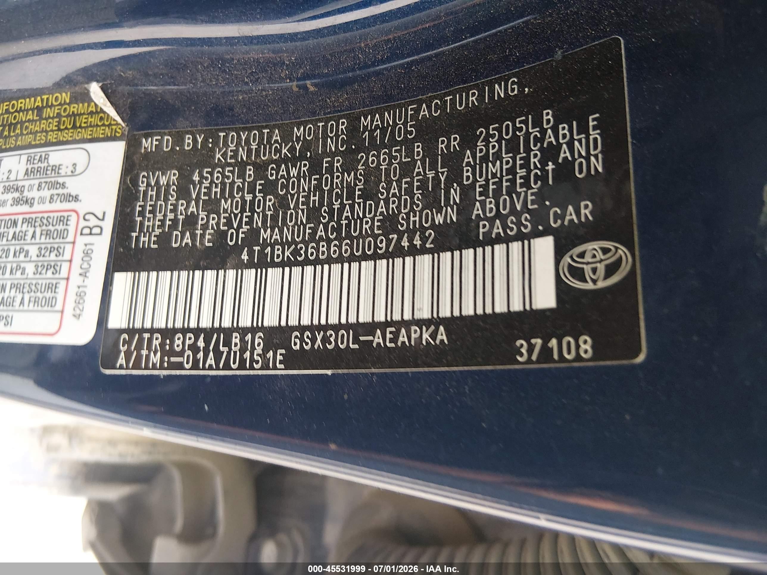 2006 Toyota Avalon Limited Blue vin: 4T1BK36B66U097442