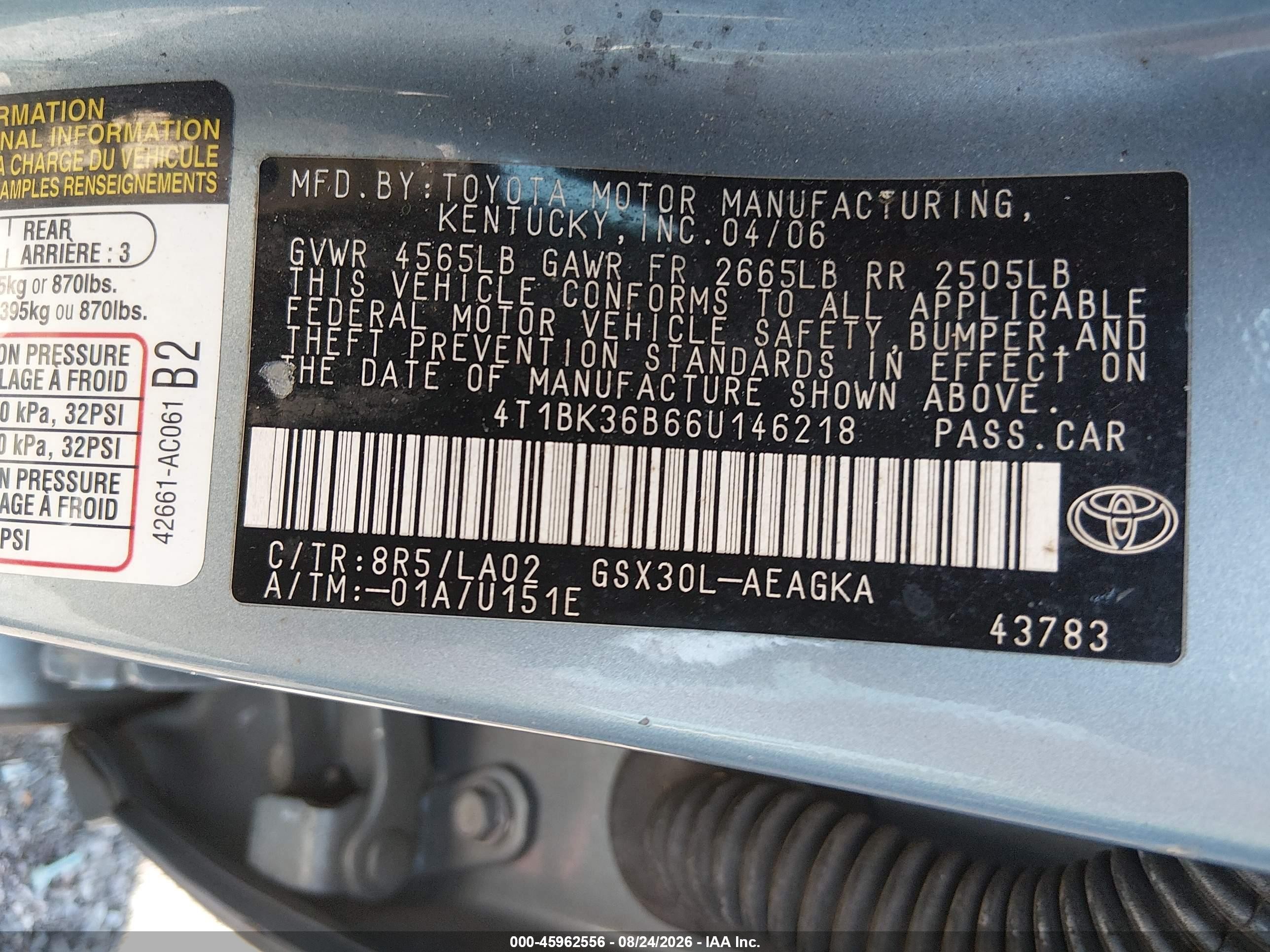 2006 Toyota Avalon Xls Blue vin: 4T1BK36B66U146218