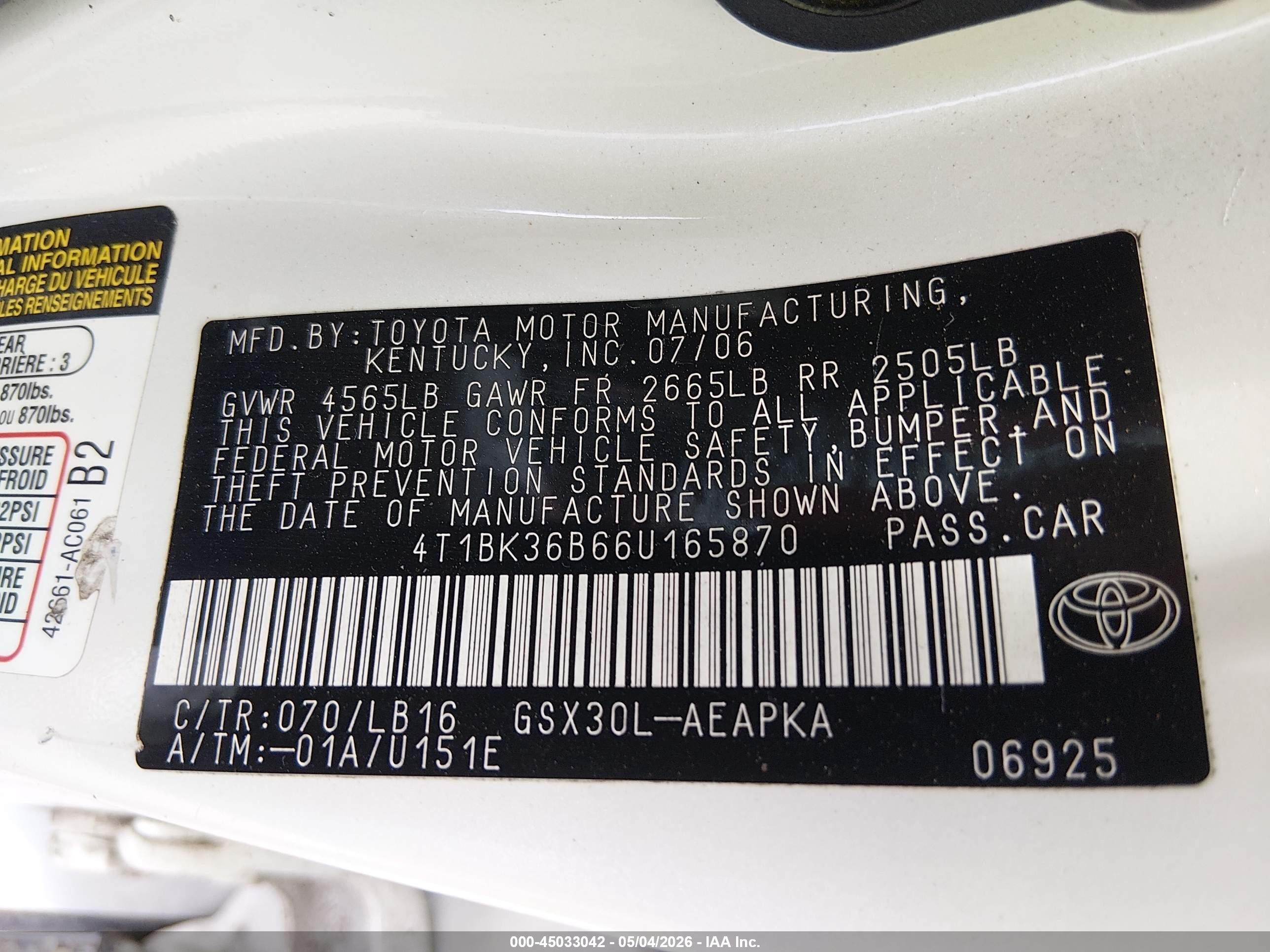2006 Toyota Avalon Limited White vin: 4T1BK36B66U165870
