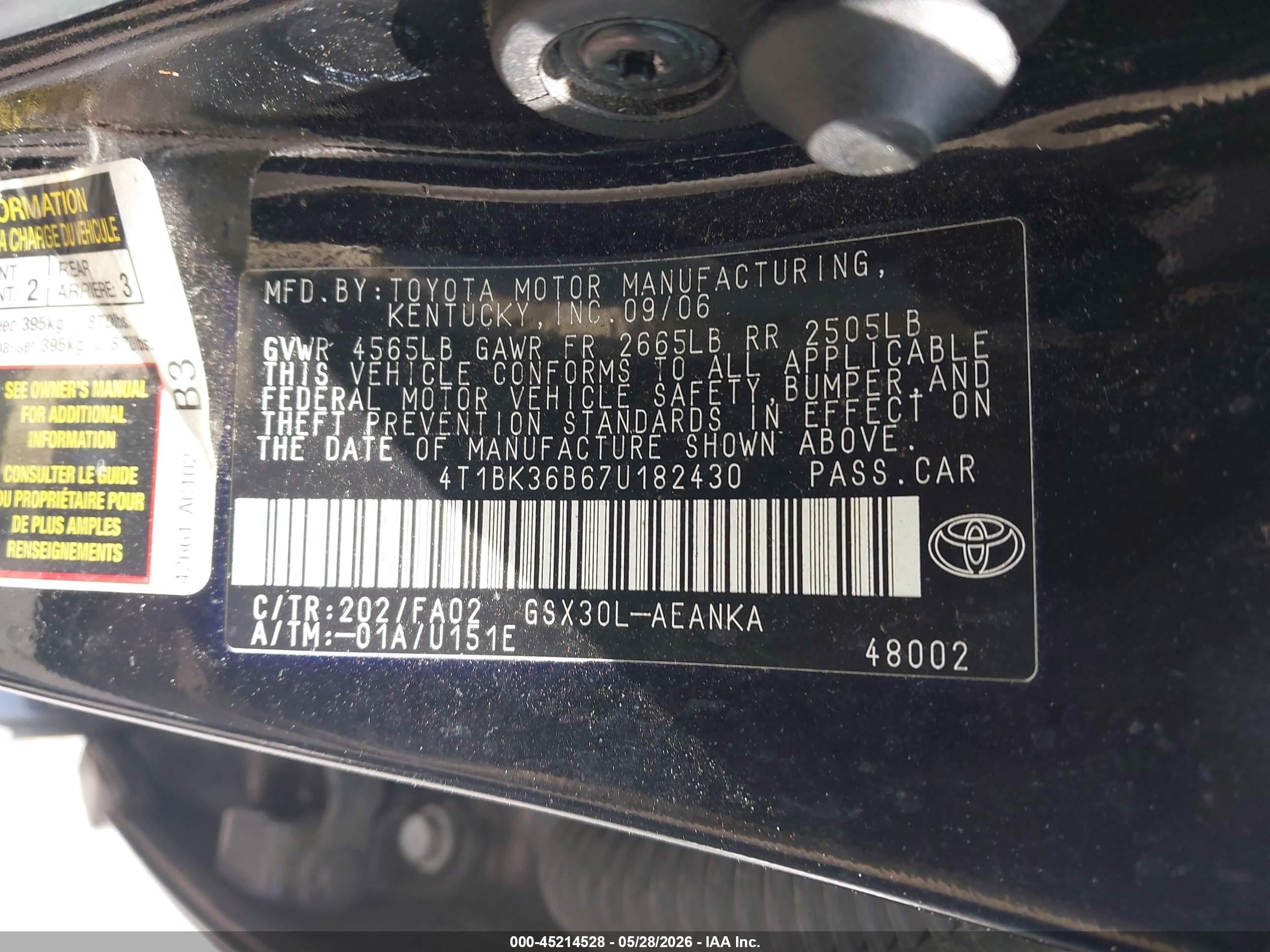 2007 Toyota Avalon Xl Black vin: 4T1BK36B67U182430