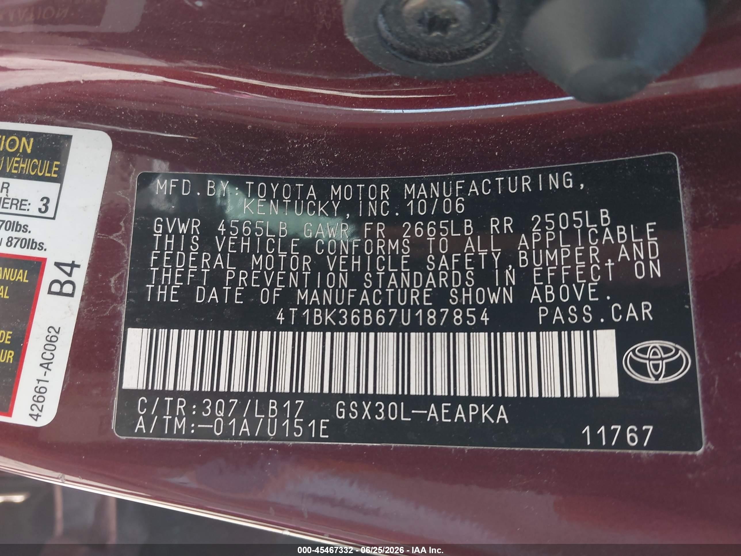 2007 Toyota Avalon Limited Burgundy vin: 4T1BK36B67U187854