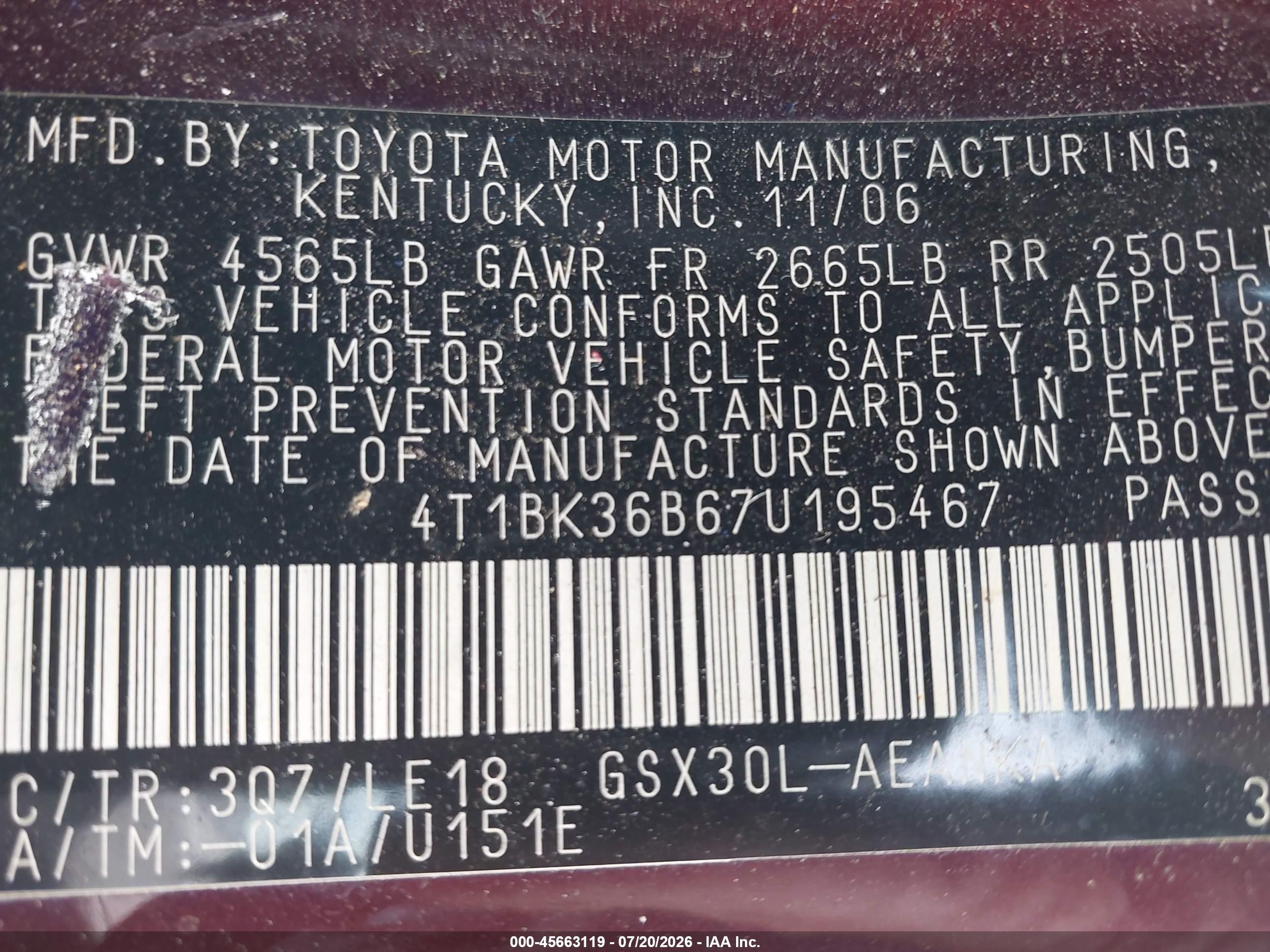 2007 Toyota Avalon Touring Фиолетовый vin: 4T1BK36B67U195467