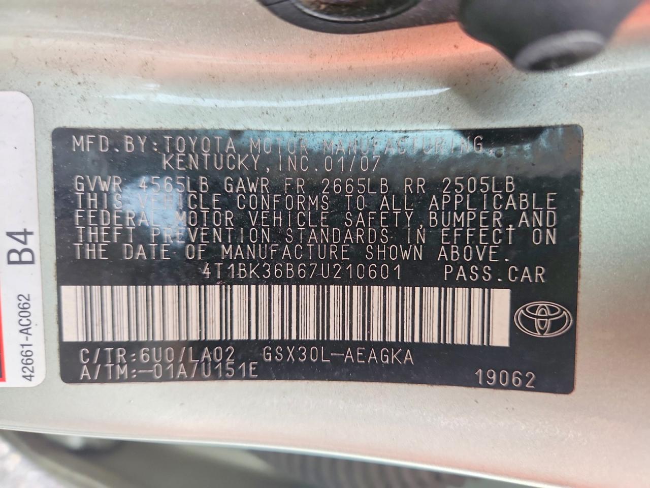 2007 Toyota Avalon Xls Green vin: 4T1BK36B67U210601