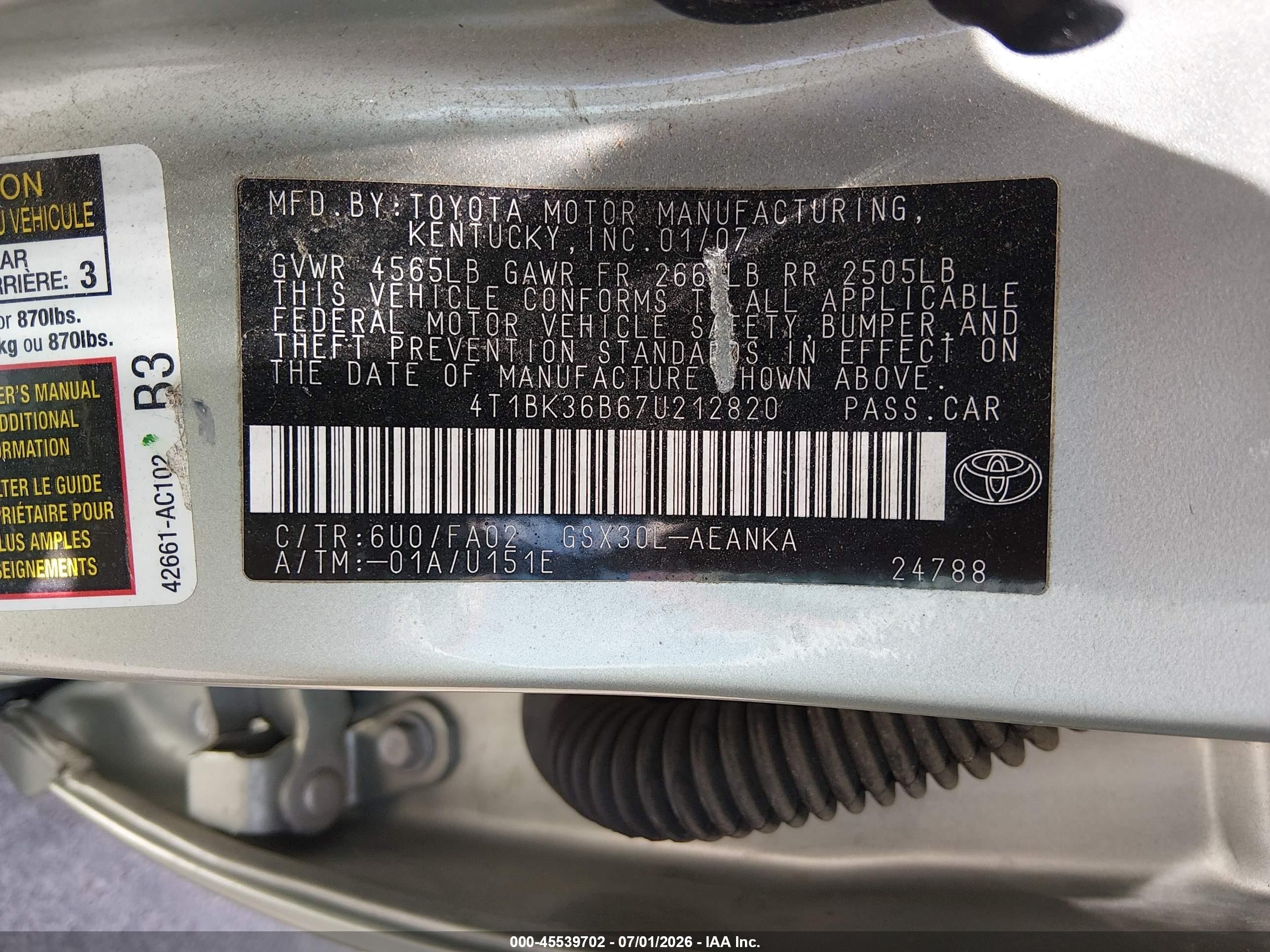 2007 Toyota Avalon Xl Зеленый vin: 4T1BK36B67U212820