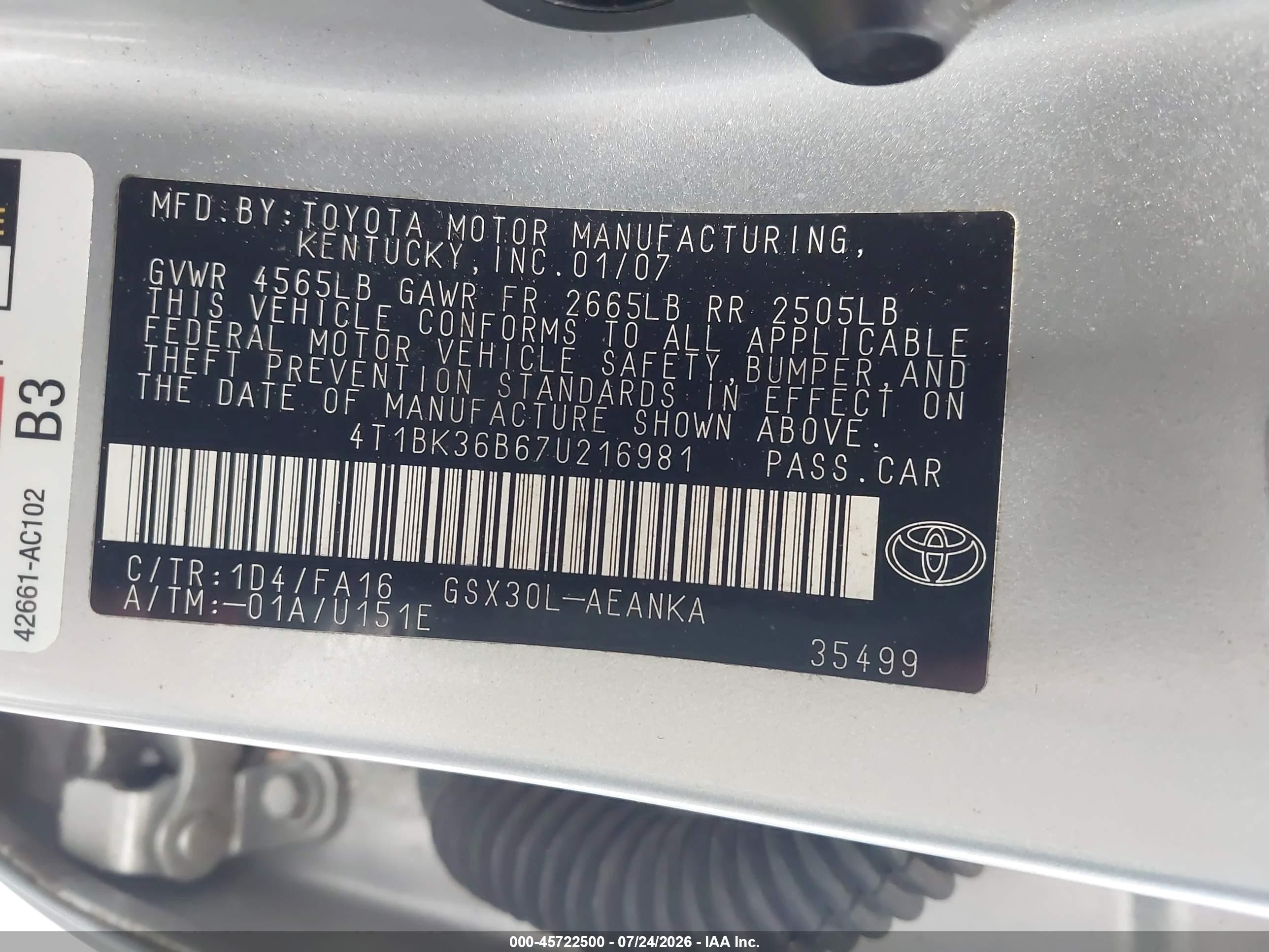 2007 Toyota Avalon Xl Silver vin: 4T1BK36B67U216981