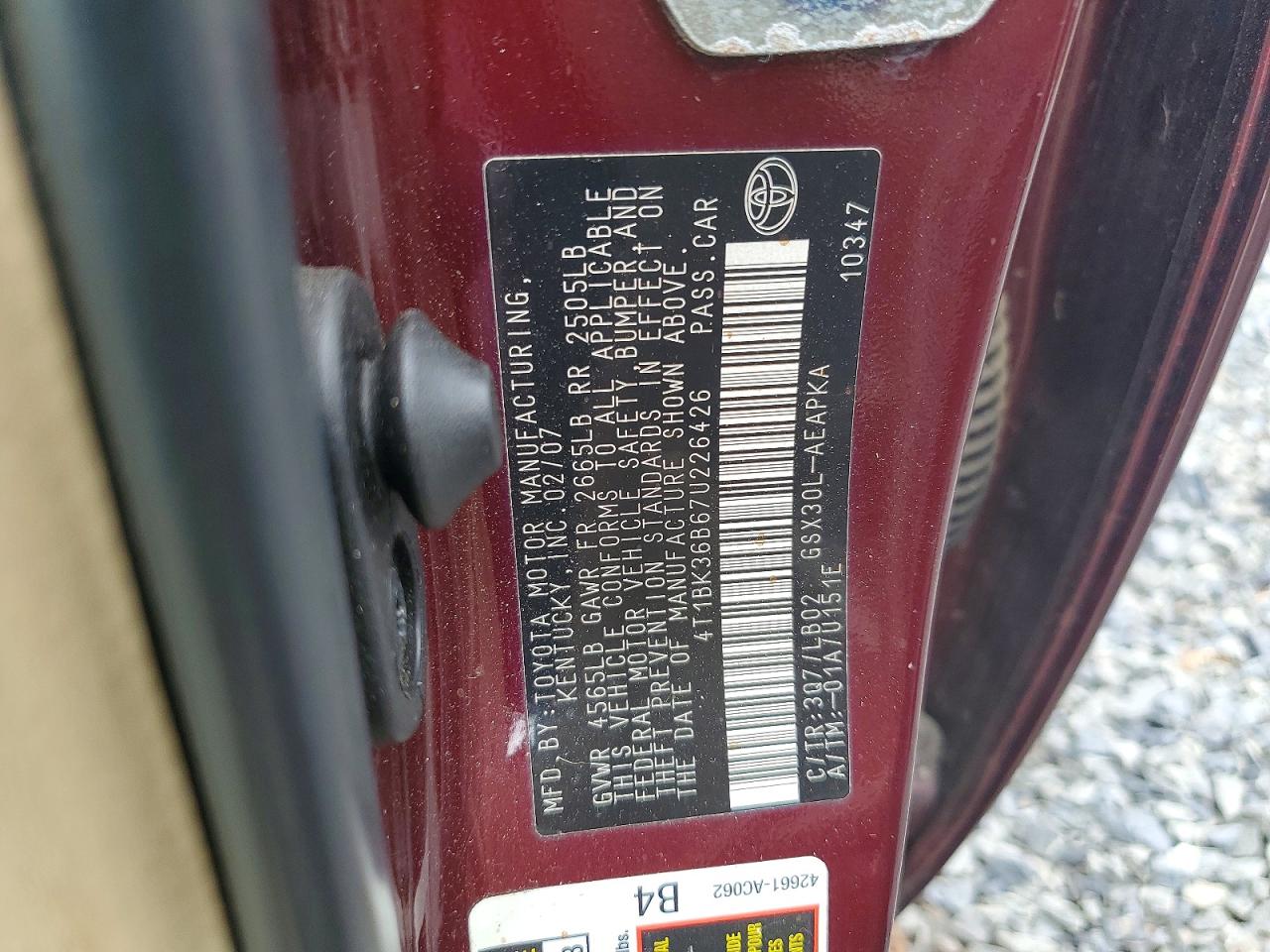 2007 Toyota Avalon Limited Maroon vin: 4T1BK36B67U226426