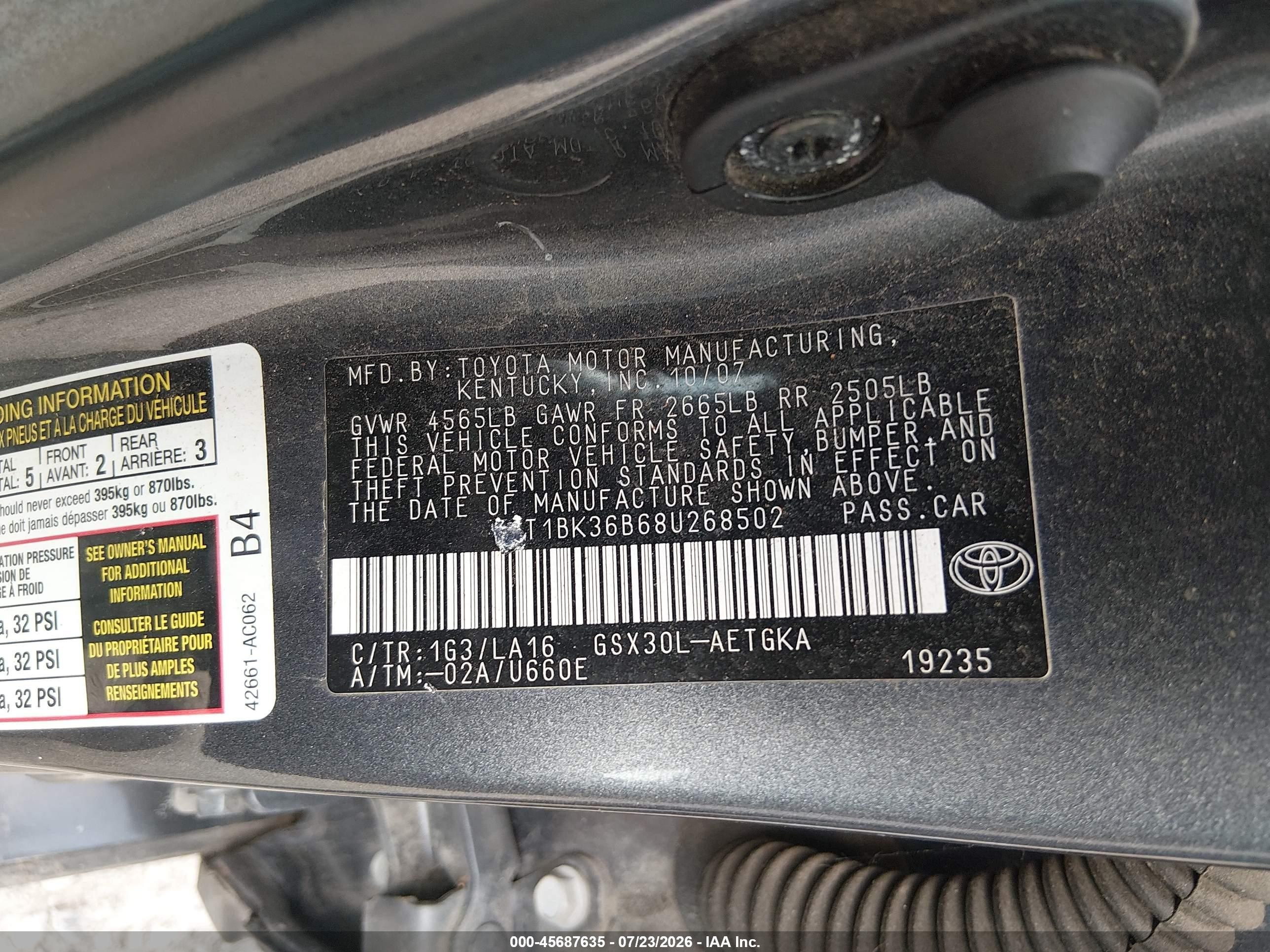 2008 Toyota Avalon Xls Gray vin: 4T1BK36B68U268502