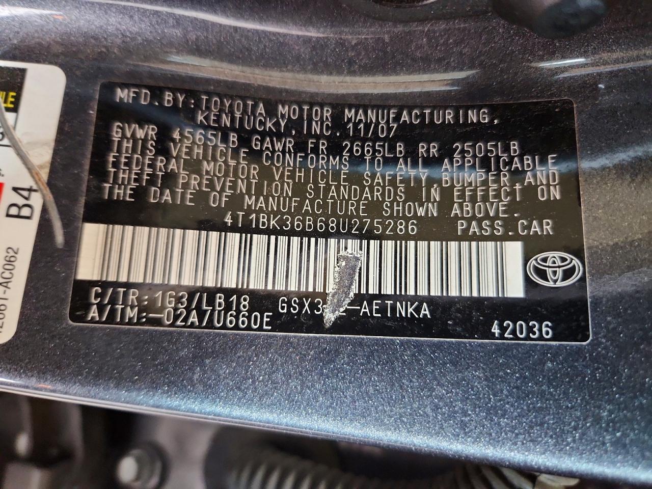 2008 Toyota Avalon Touring Gray vin: 4T1BK36B68U275286