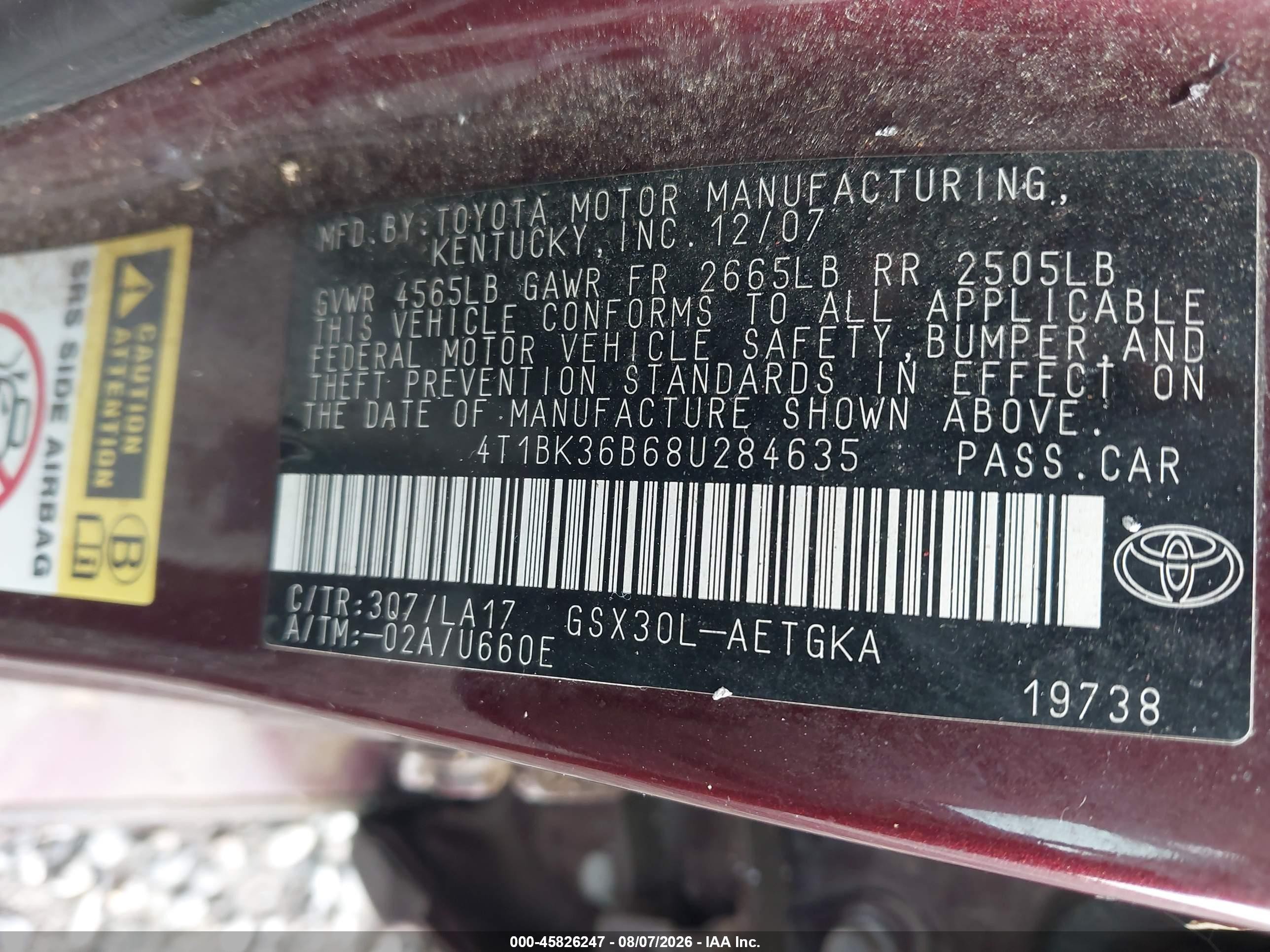 2008 Toyota Avalon Xls Burgundy vin: 4T1BK36B68U284635