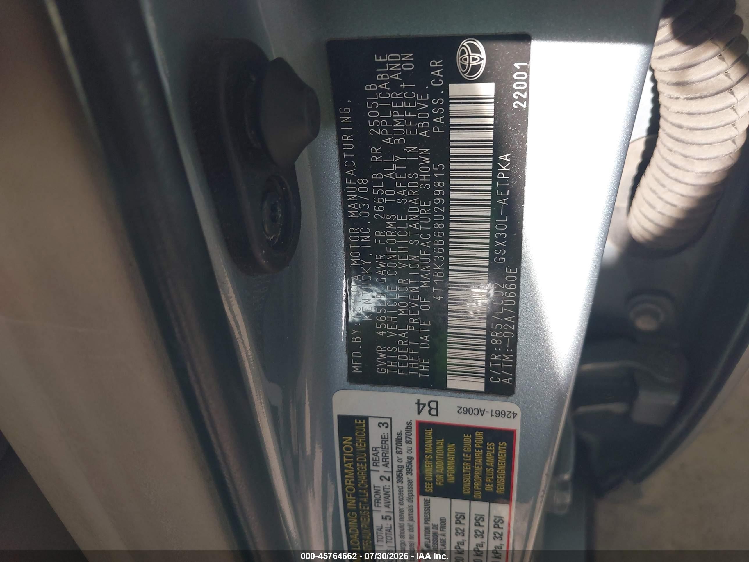2008 Toyota Avalon Limited Blue vin: 4T1BK36B68U299815