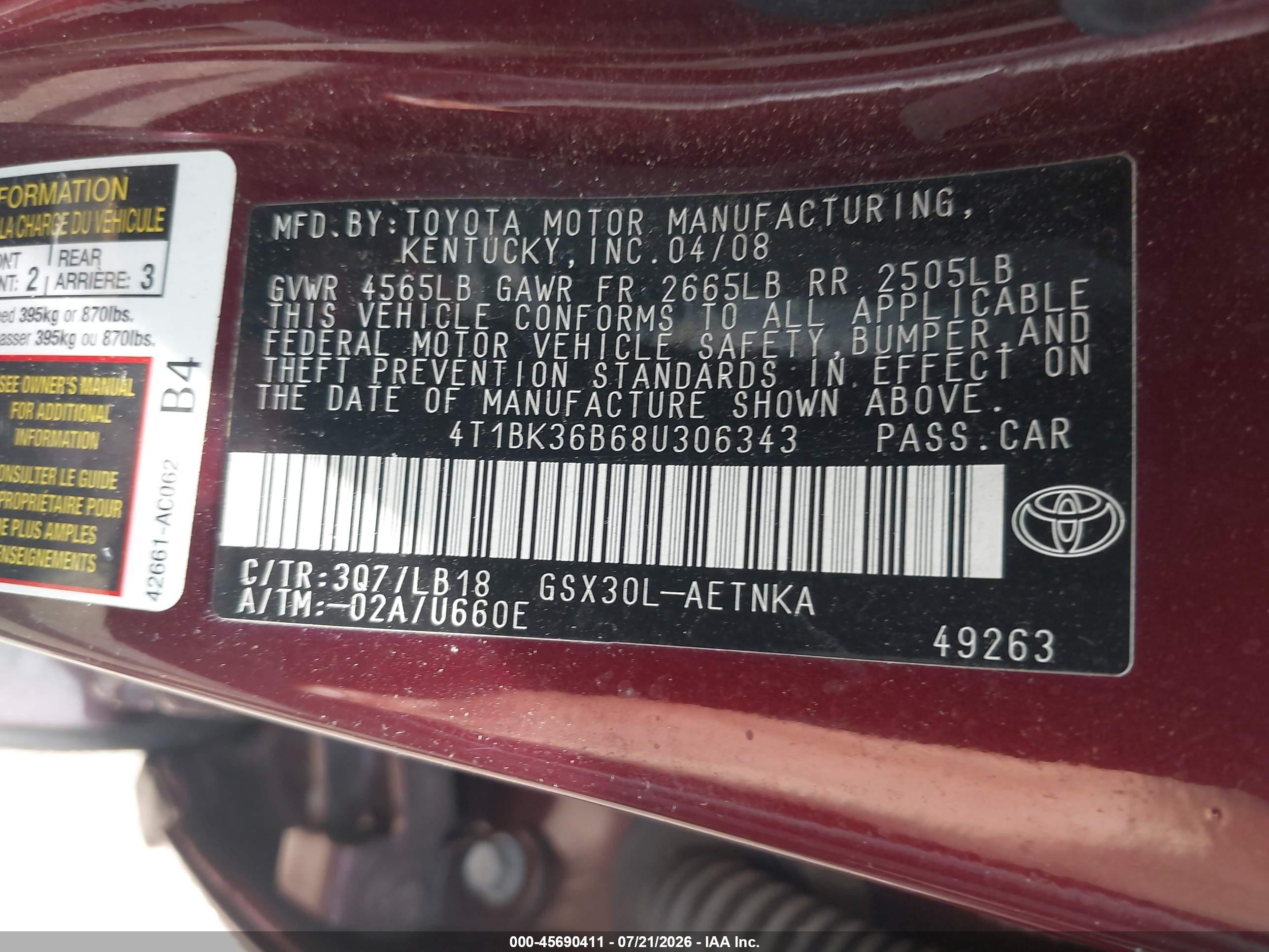 2008 Toyota Avalon Touring Темно-бордовый vin: 4T1BK36B68U306343