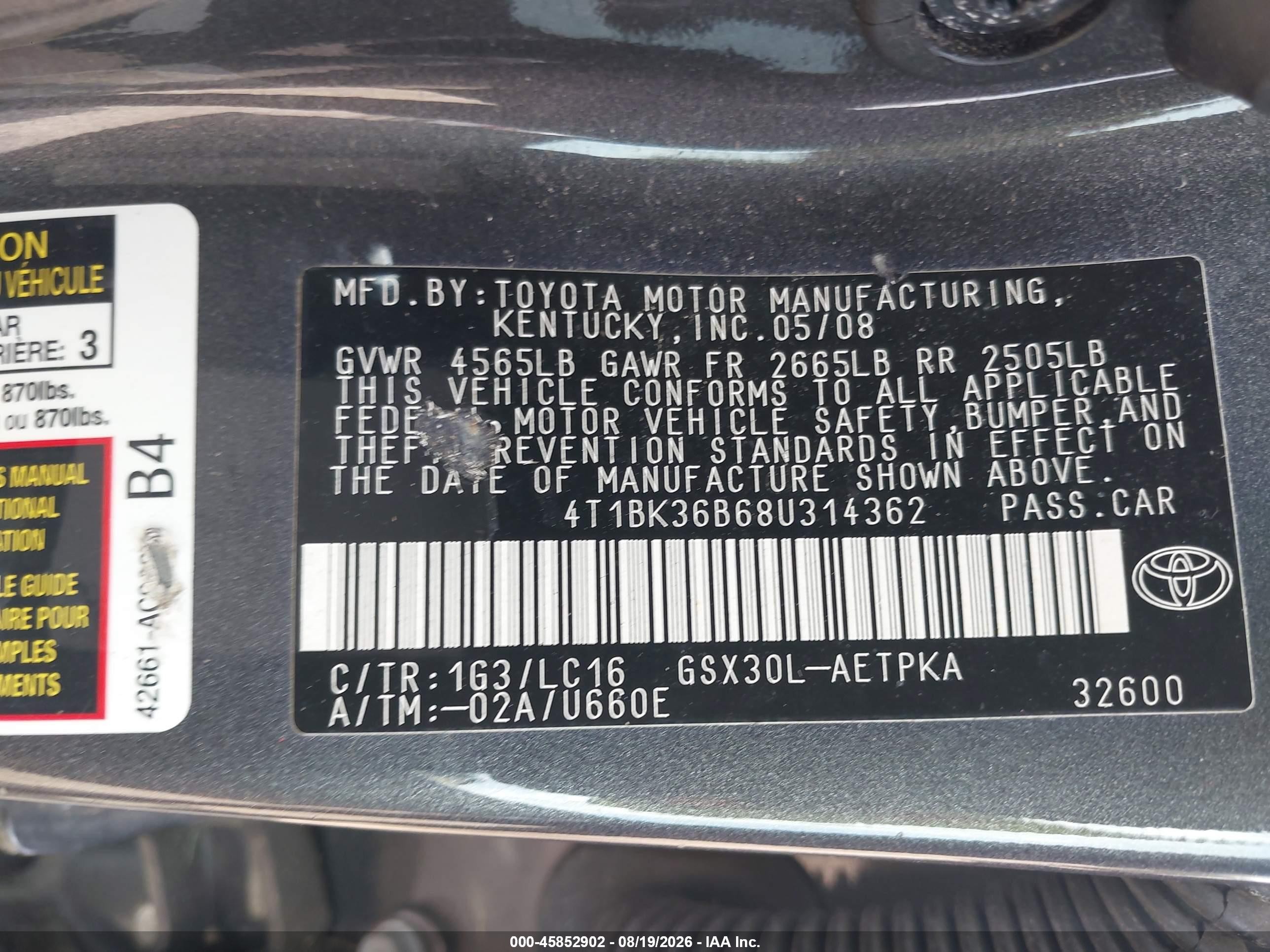2008 Toyota Avalon Limited Gray vin: 4T1BK36B68U314362