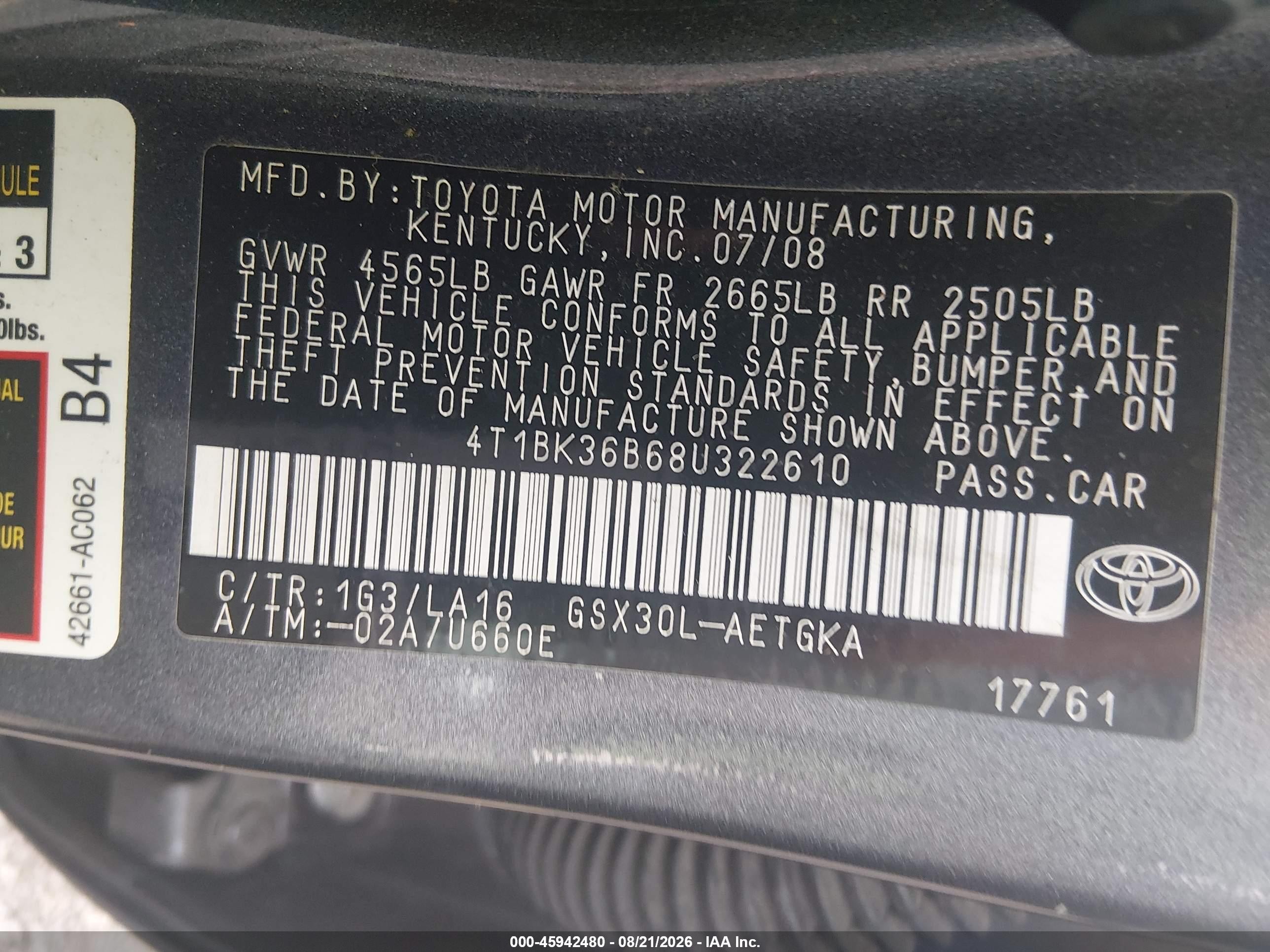 2008 Toyota Avalon Xls Черный vin: 4T1BK36B68U322610