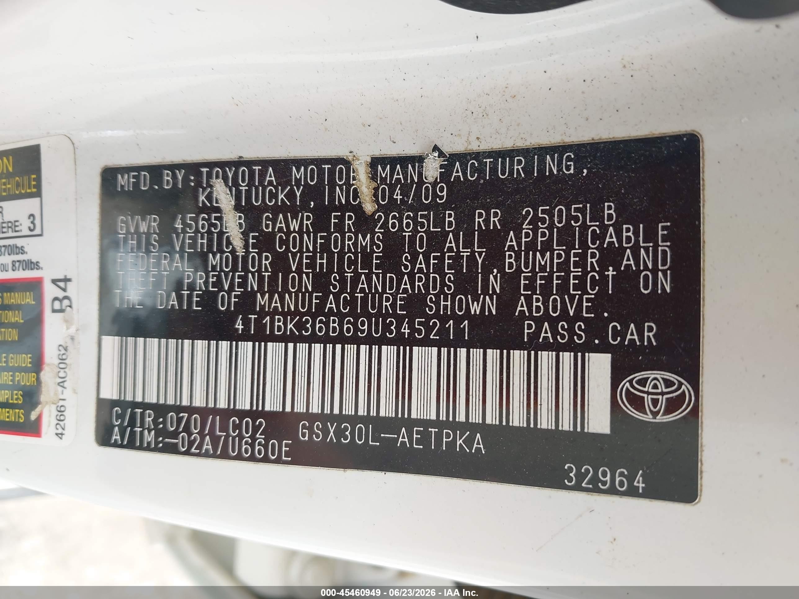 2009 Toyota Avalon Limited White vin: 4T1BK36B69U345211