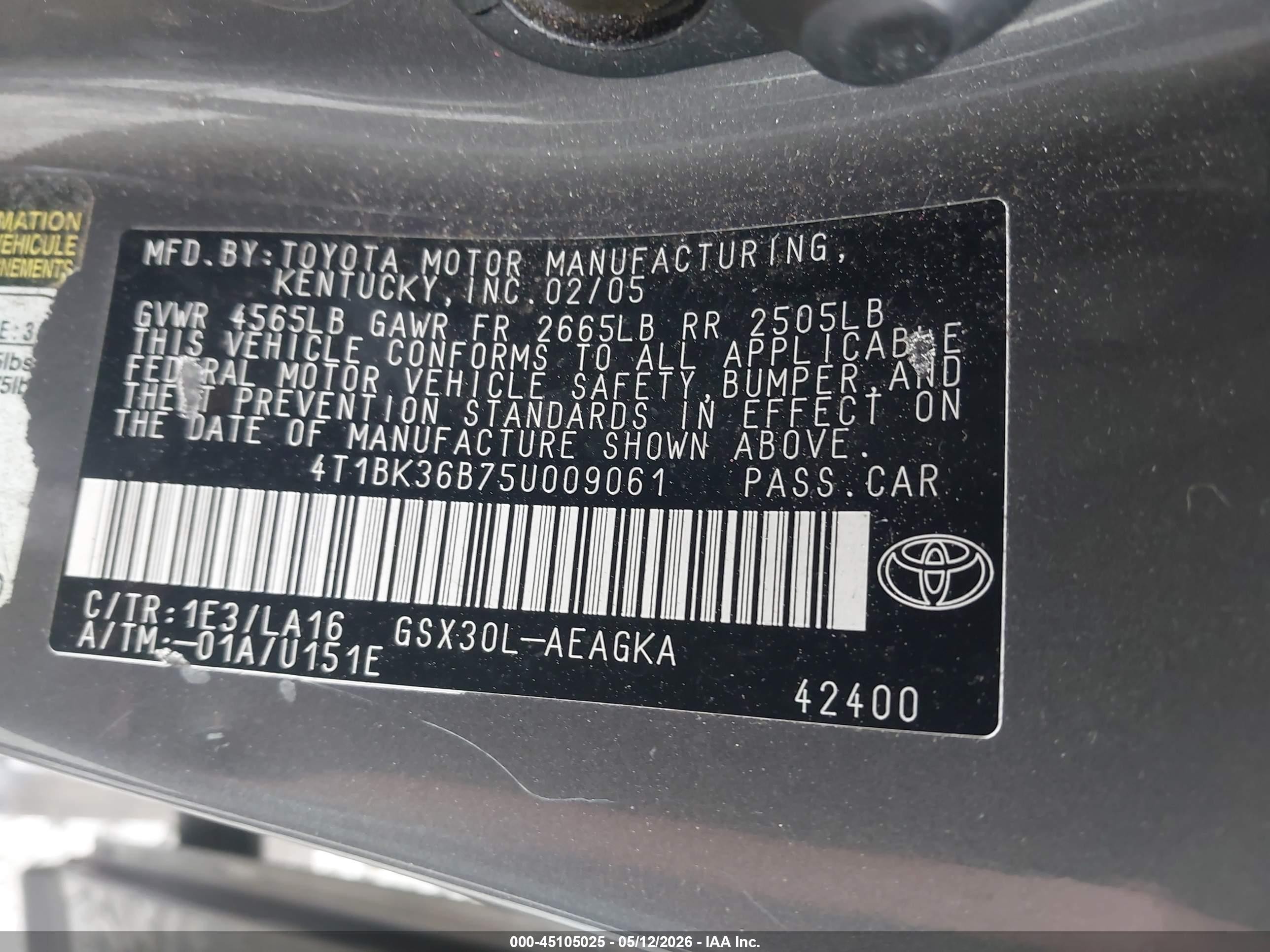 2005 Toyota Avalon Xls Gray vin: 4T1BK36B75U009061