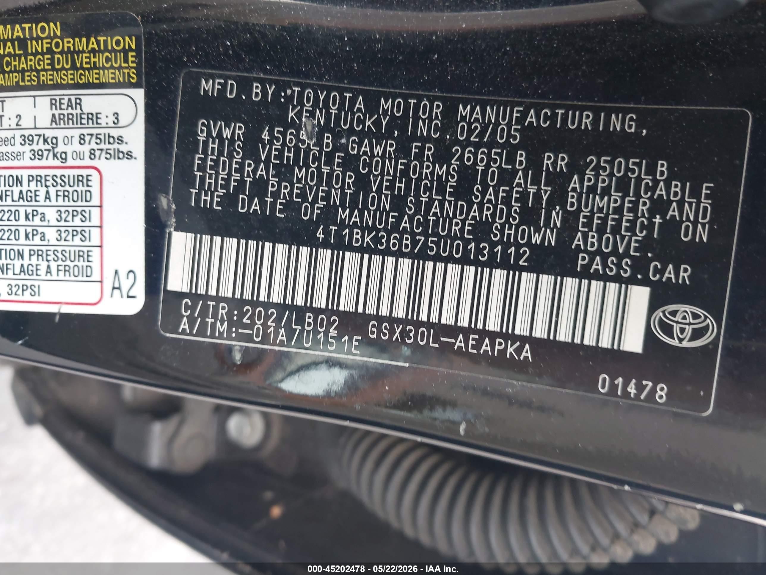 2005 Toyota Avalon Limited Black vin: 4T1BK36B75U013112
